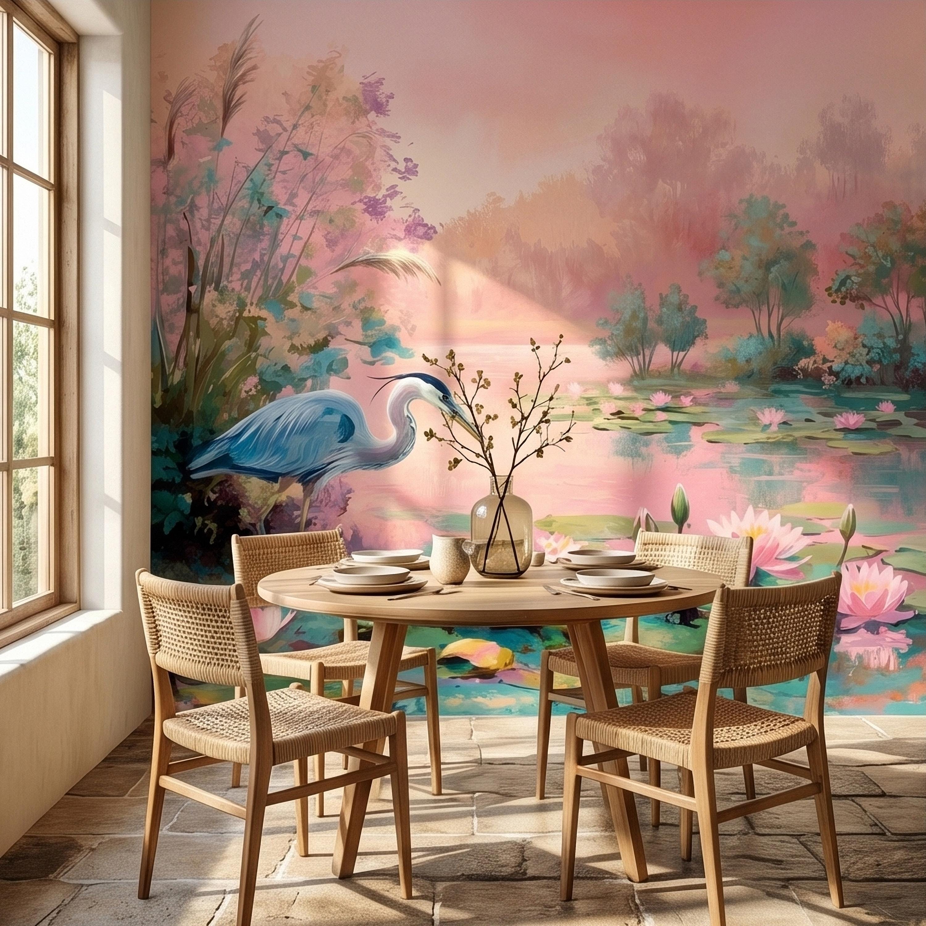 Blue Heron at Pink Lotus Pond Sunrise Serene Peel and Stick Wall Mural, Water Lily Lake Botanical Landscape Pastel Watercolor Wallpaper