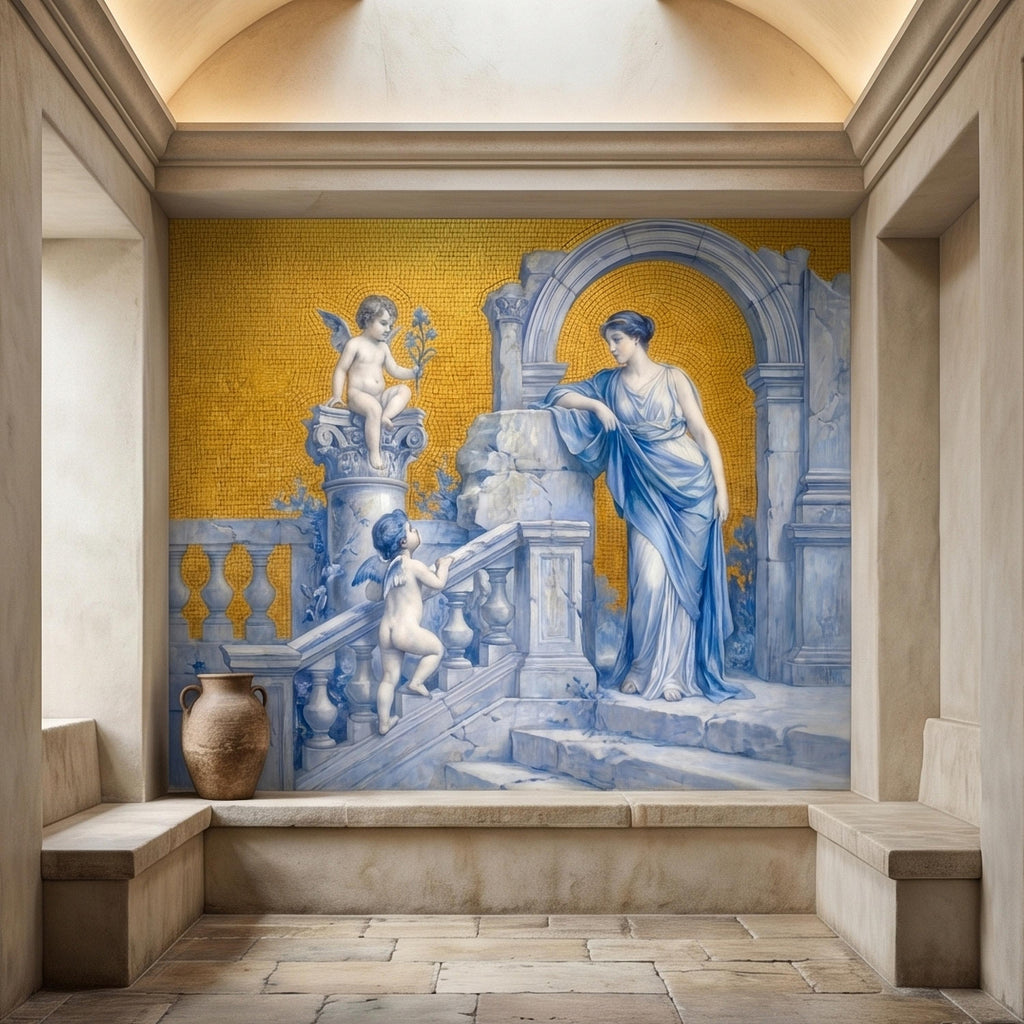Vintage Grecian Goddess and Cherubs Blue White Marble Ruins Old Mosaic Peel and Stick Wall Mural, Classical Roman Fresco Wallpaper