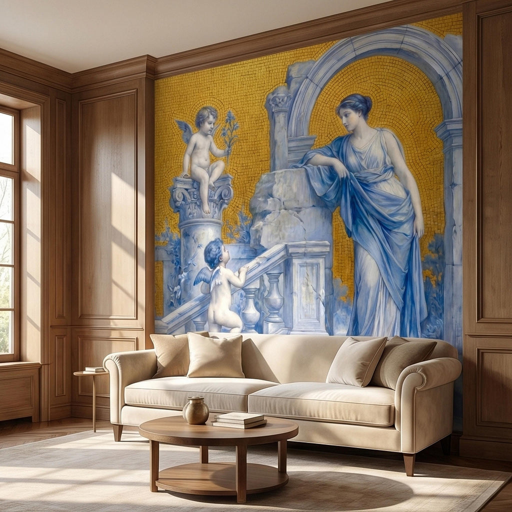 Vintage Grecian Goddess and Cherubs Blue White Marble Ruins Old Mosaic Peel and Stick Wall Mural, Classical Roman Fresco Wallpaper