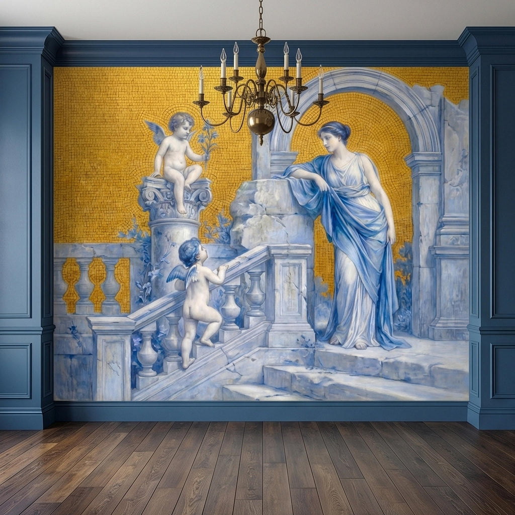 Vintage Grecian Goddess and Cherubs Blue White Marble Ruins Old Mosaic Peel and Stick Wall Mural, Classical Roman Fresco Wallpaper