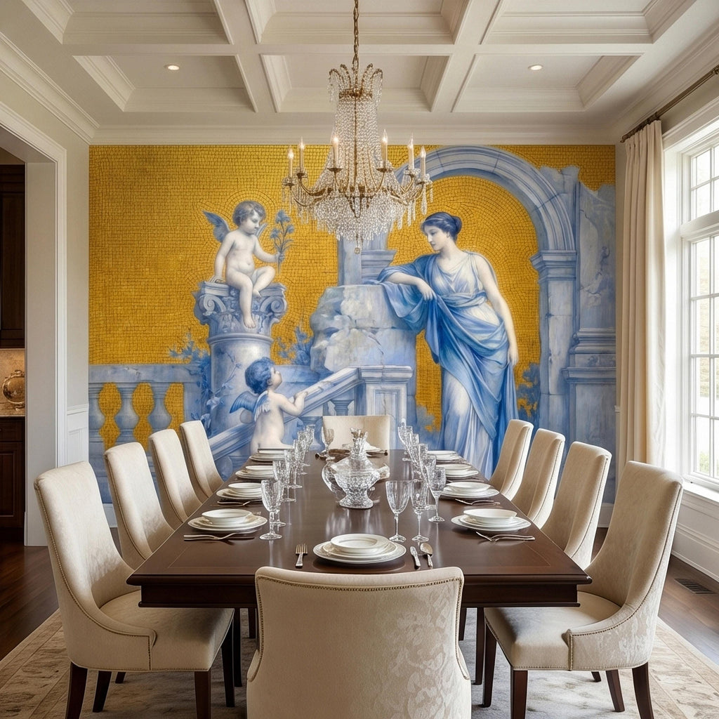 Vintage Grecian Goddess and Cherubs Blue White Marble Ruins Old Mosaic Peel and Stick Wall Mural, Classical Roman Fresco Wallpaper