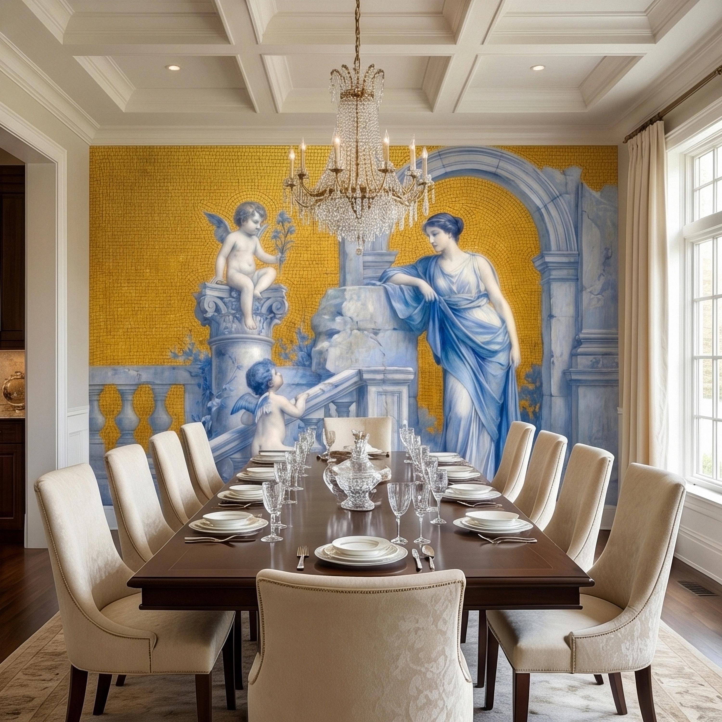 Vintage Grecian Goddess and Cherubs Blue White Marble Ruins Old Mosaic Peel and Stick Wall Mural, Classical Roman Fresco Wallpaper