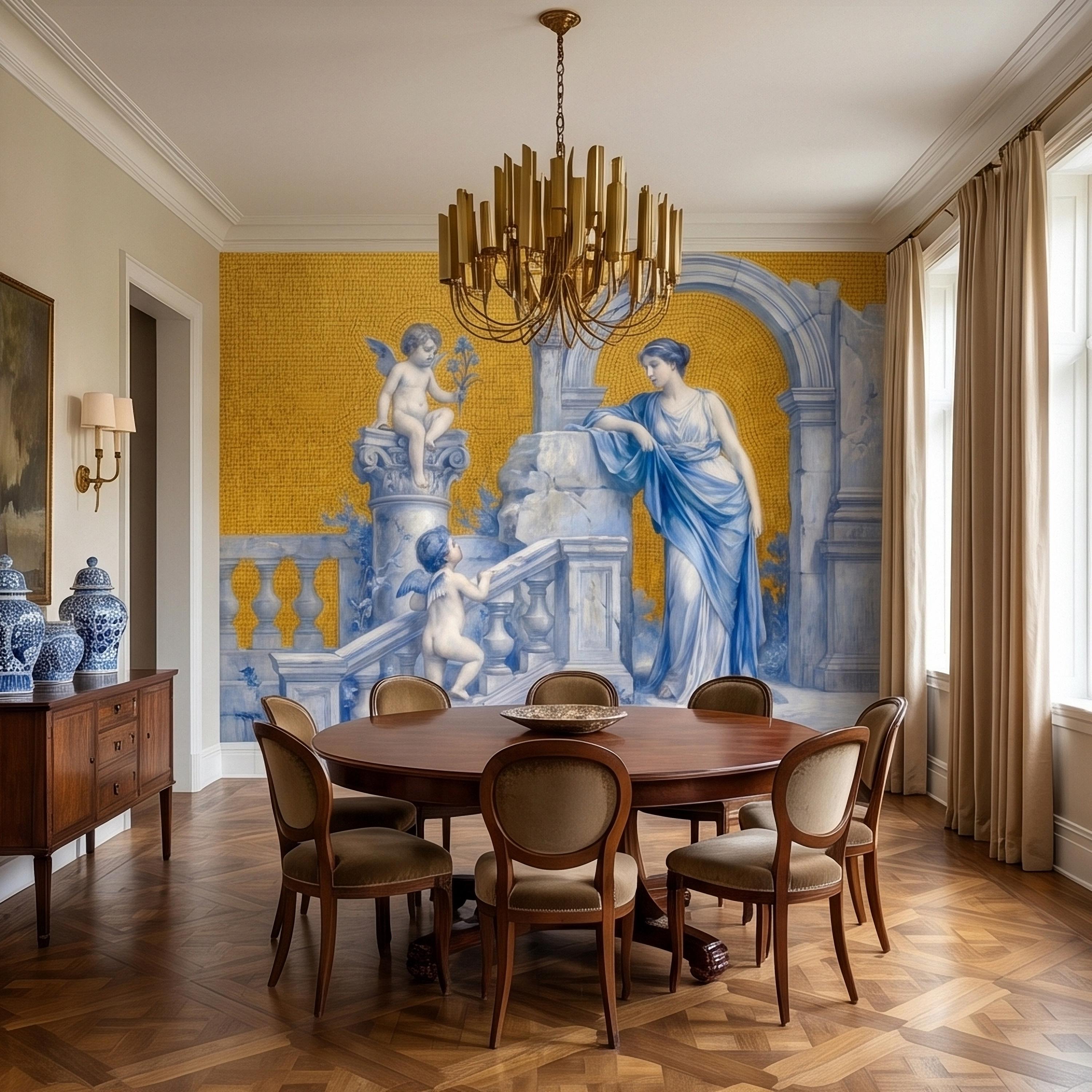 Vintage Grecian Goddess and Cherubs Blue White Marble Ruins Old Mosaic Peel and Stick Wall Mural, Classical Roman Fresco Wallpaper