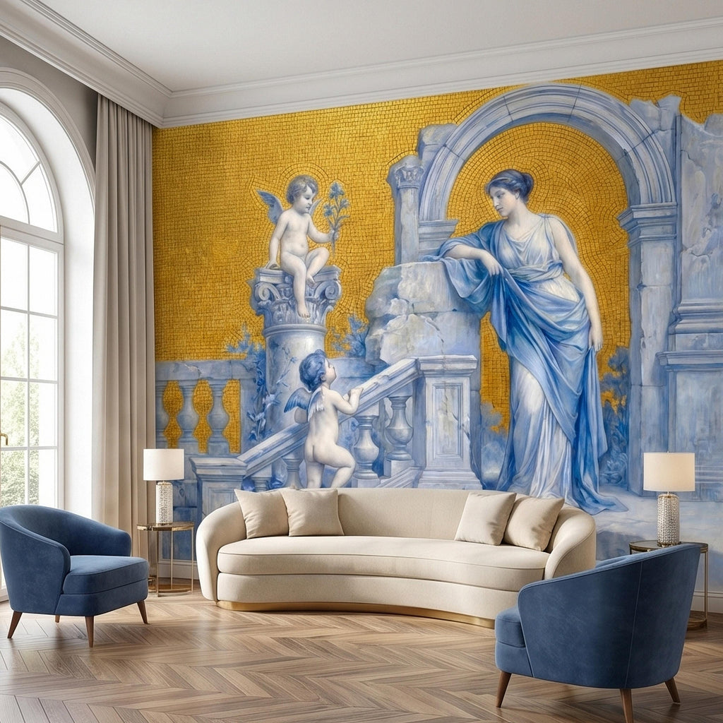 Vintage Grecian Goddess and Cherubs Blue White Marble Ruins Old Mosaic Peel and Stick Wall Mural, Classical Roman Fresco Wallpaper