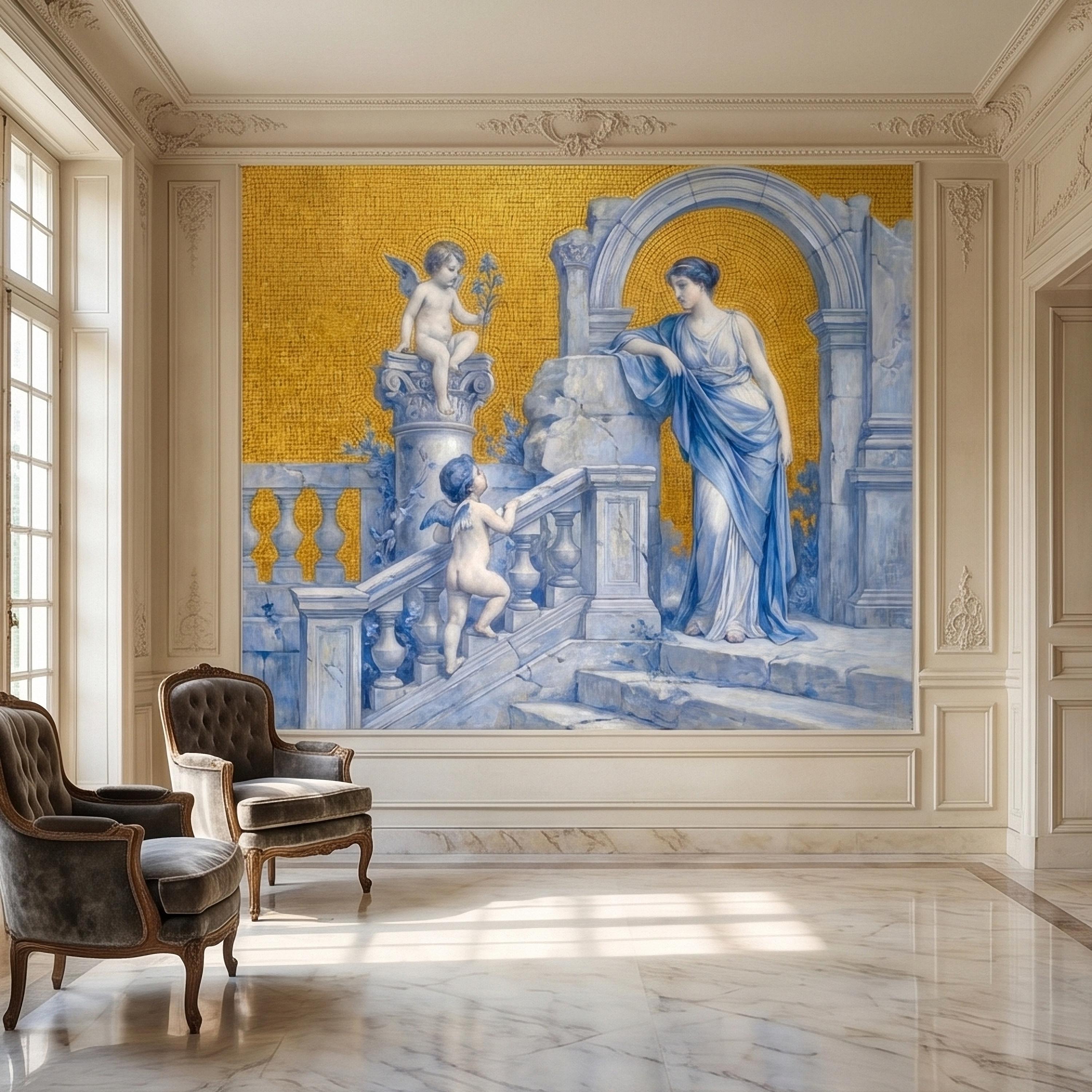 Vintage Grecian Goddess and Cherubs Blue White Marble Ruins Old Mosaic Peel and Stick Wall Mural, Classical Roman Fresco Wallpaper