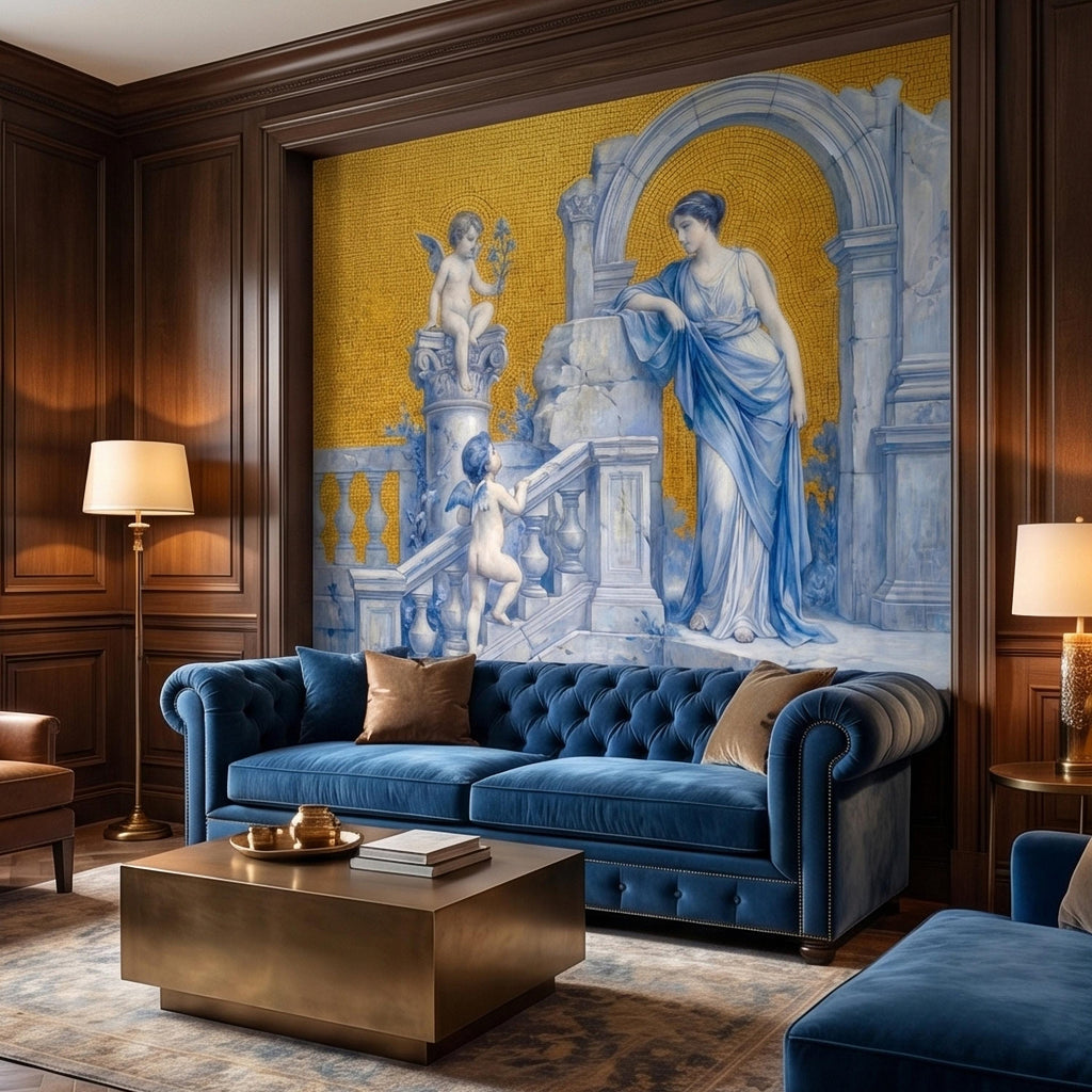 Vintage Grecian Goddess and Cherubs Blue White Marble Ruins Old Mosaic Peel and Stick Wall Mural, Classical Roman Fresco Wallpaper