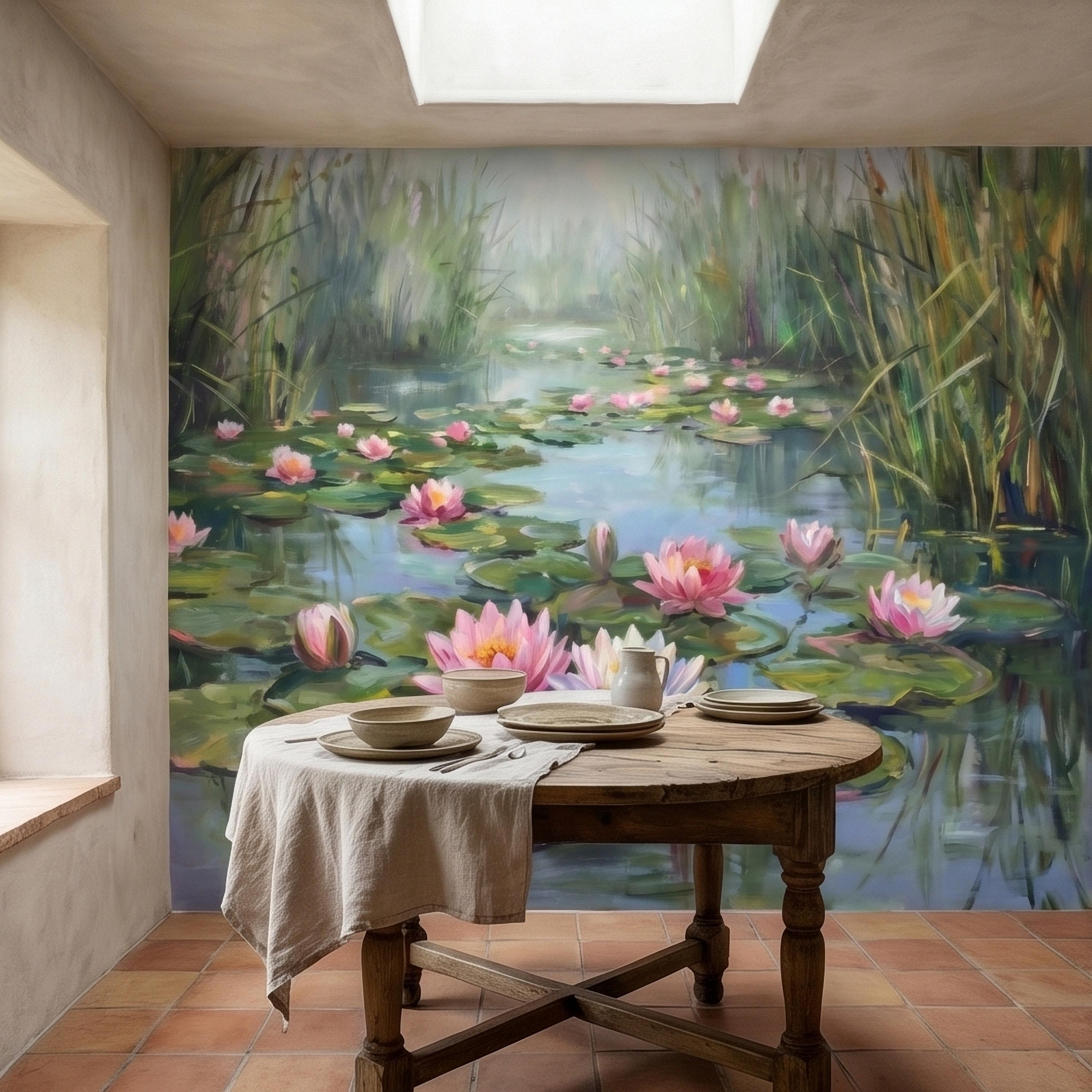 Water Lily Pond Landscape Painting with Pink Lotus Flowers Peel and Stick Wall Mural, Serene Botanical Lake Marsh Impressionist Wallpaper