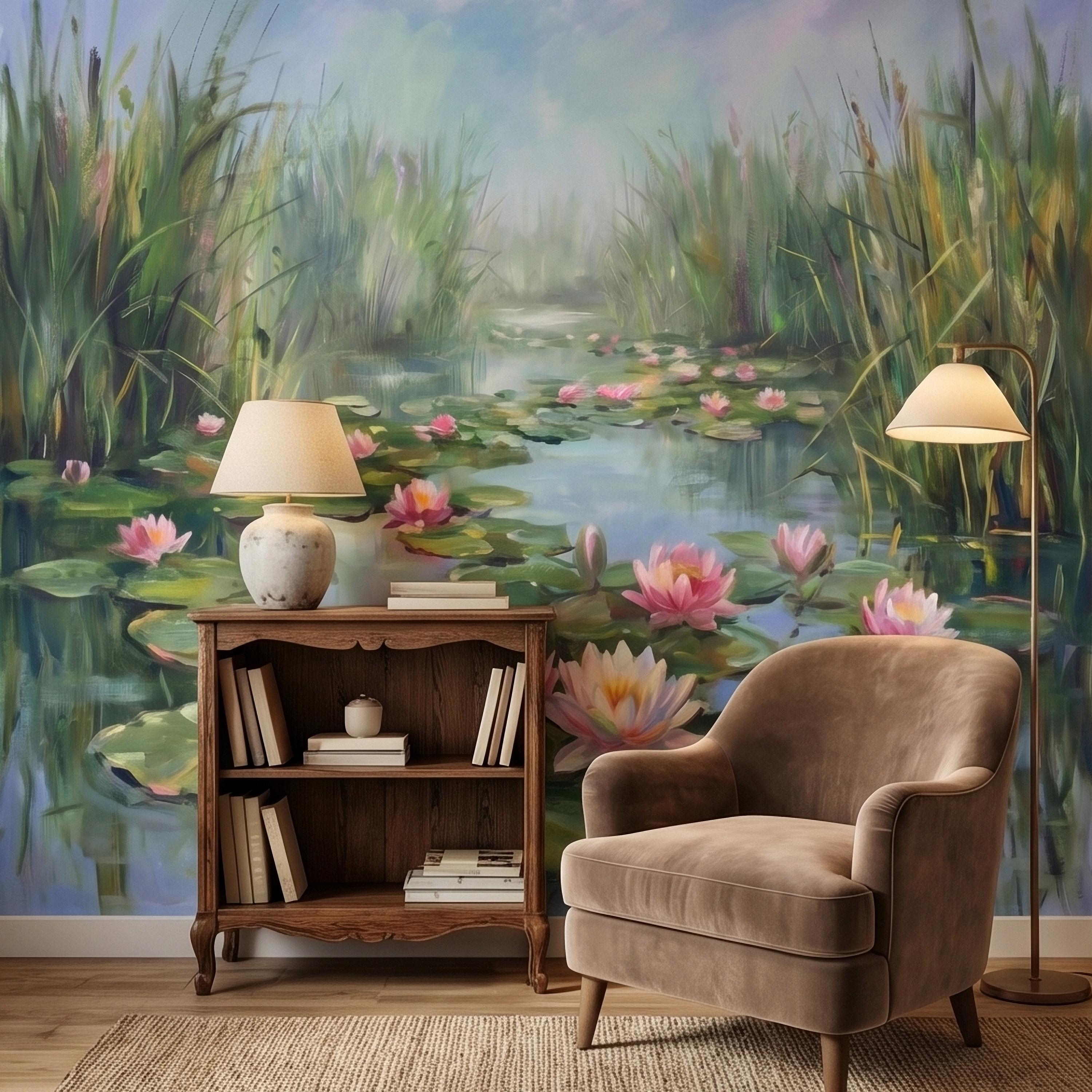 Water Lily Pond Landscape Painting with Pink Lotus Flowers Peel and Stick Wall Mural, Serene Botanical Lake Marsh Impressionist Wallpaper