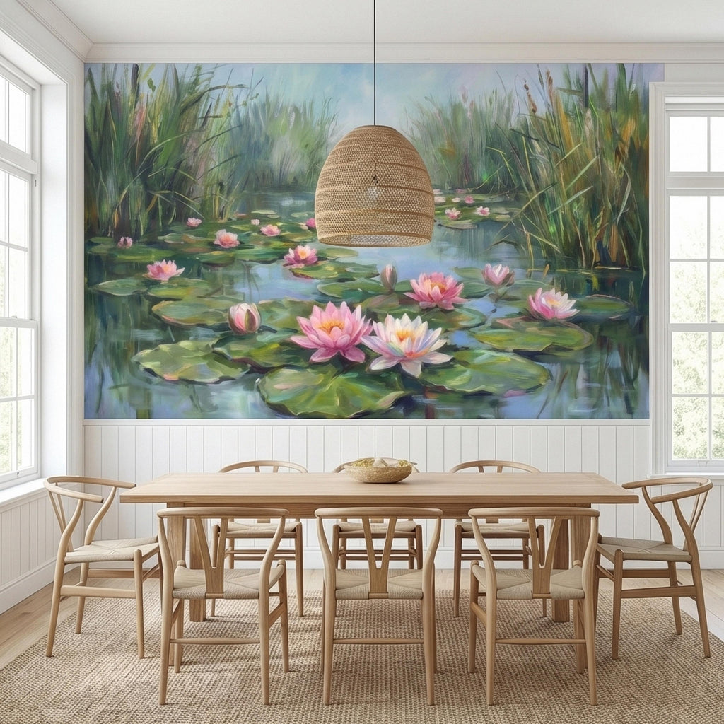 Water Lily Pond Landscape Painting with Pink Lotus Flowers Peel and Stick Wall Mural, Serene Botanical Lake Marsh Impressionist Wallpaper