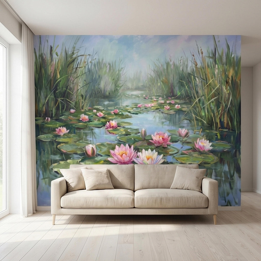 Water Lily Pond Landscape Painting with Pink Lotus Flowers Peel and Stick Wall Mural, Serene Botanical Lake Marsh Impressionist Wallpaper