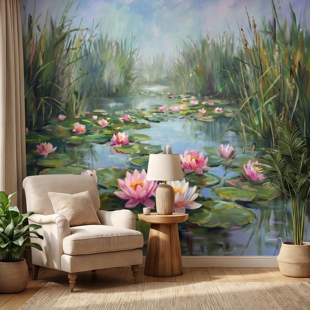 Water Lily Pond Landscape Painting with Pink Lotus Flowers Peel and Stick Wall Mural, Serene Botanical Lake Marsh Impressionist Wallpaper
