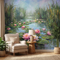 Water Lily Pond Landscape Painting with Pink Lotus Flowers Peel and Stick Wall Mural, Serene Botanical Lake Marsh Impressionist Wallpaper