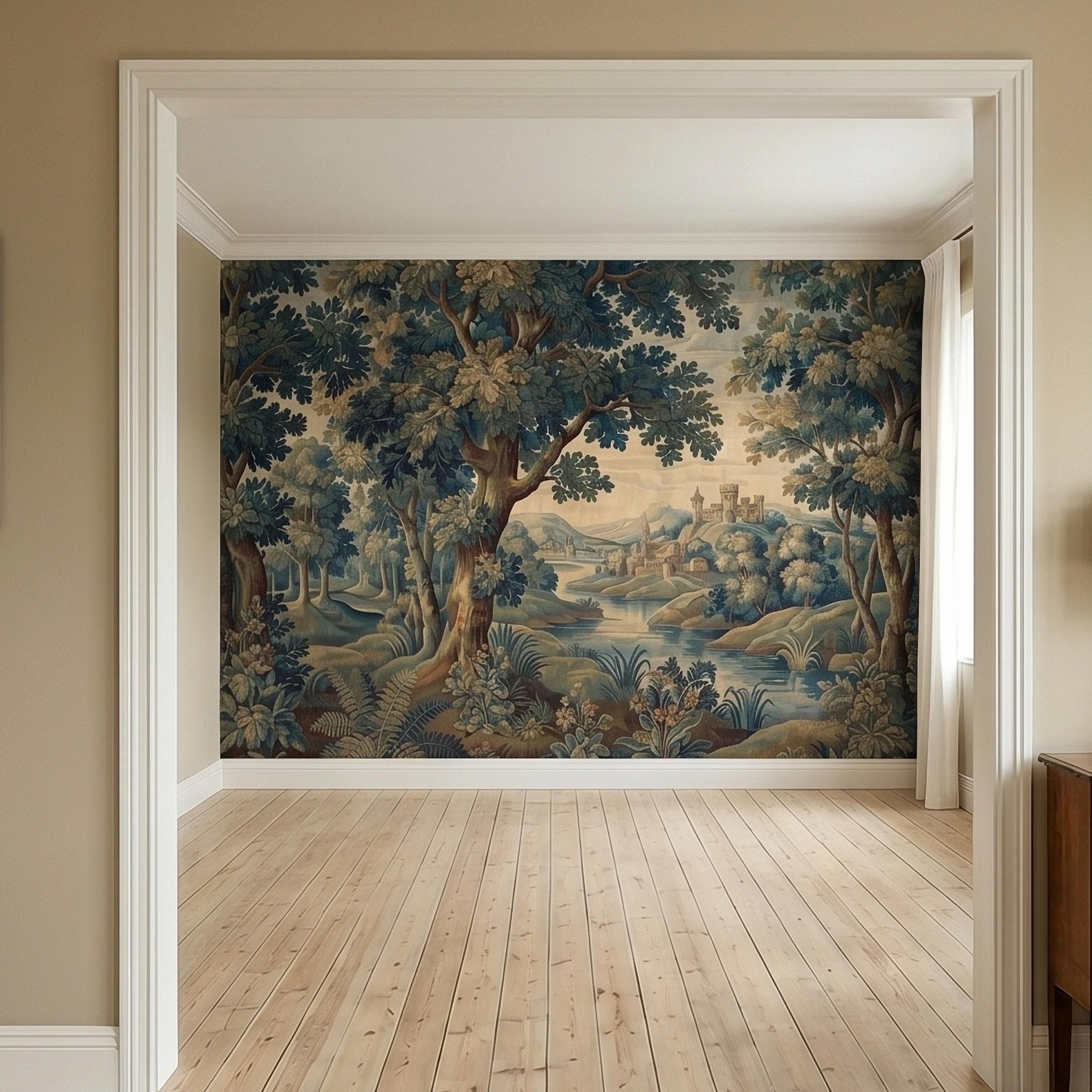 Vintage Forest Verdure Peel and Stick Wall Mural, Antique Tapestry Style Old World Woodland Landscape, Navy Blue Scenic Toile Wallpaper