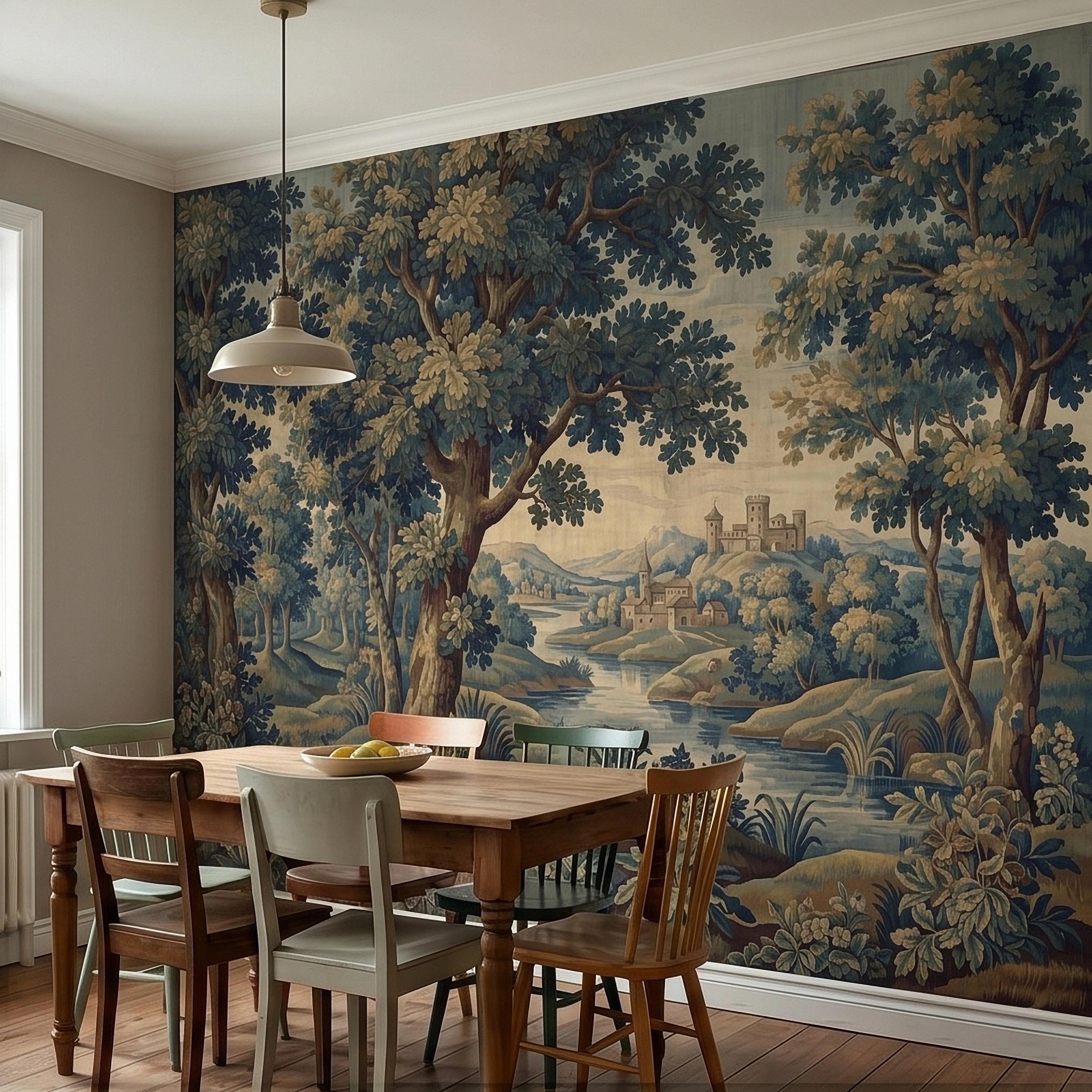 Vintage Forest Verdure Peel and Stick Wall Mural, Antique Tapestry Style Old World Woodland Landscape, Navy Blue Scenic Toile Wallpaper