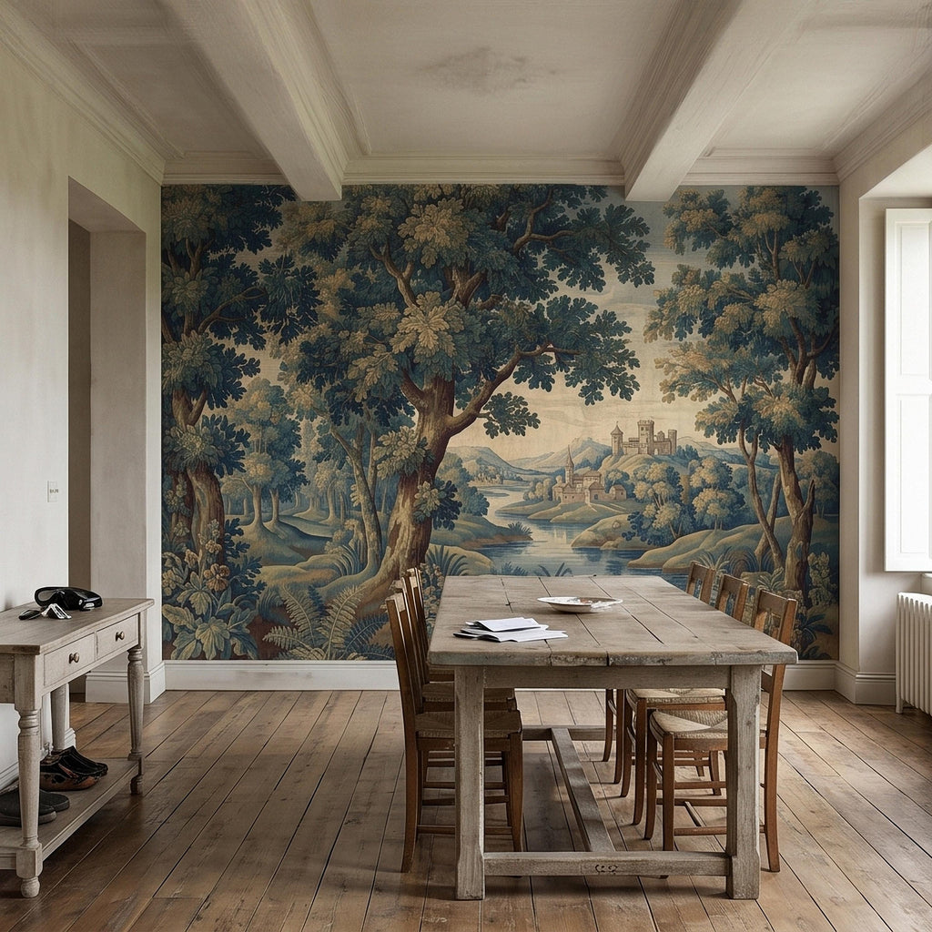 Vintage Forest Verdure Peel and Stick Wall Mural, Antique Tapestry Style Old World Woodland Landscape, Navy Blue Scenic Toile Wallpaper