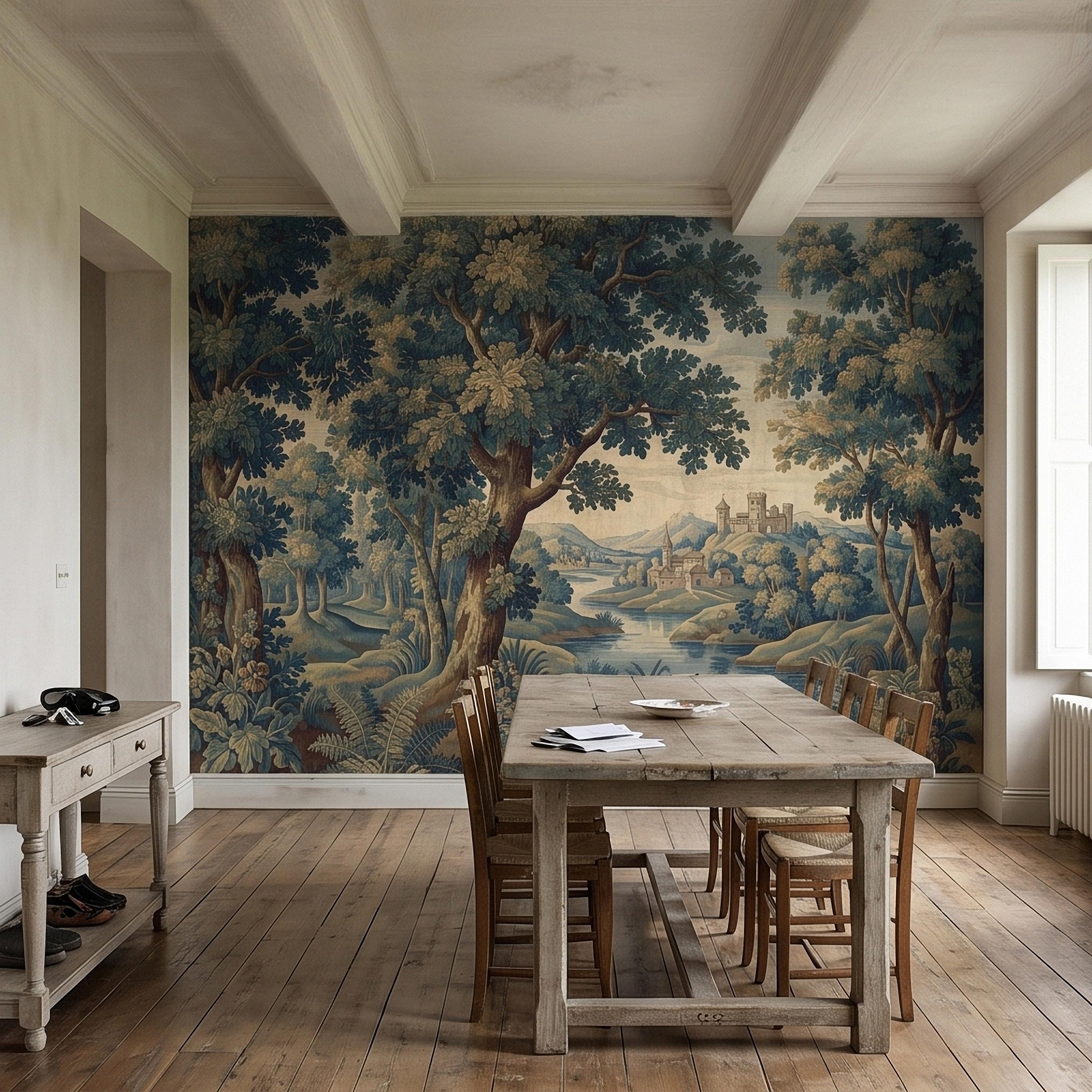 Vintage Forest Verdure Peel and Stick Wall Mural, Antique Tapestry Style Old World Woodland Landscape, Navy Blue Scenic Toile Wallpaper
