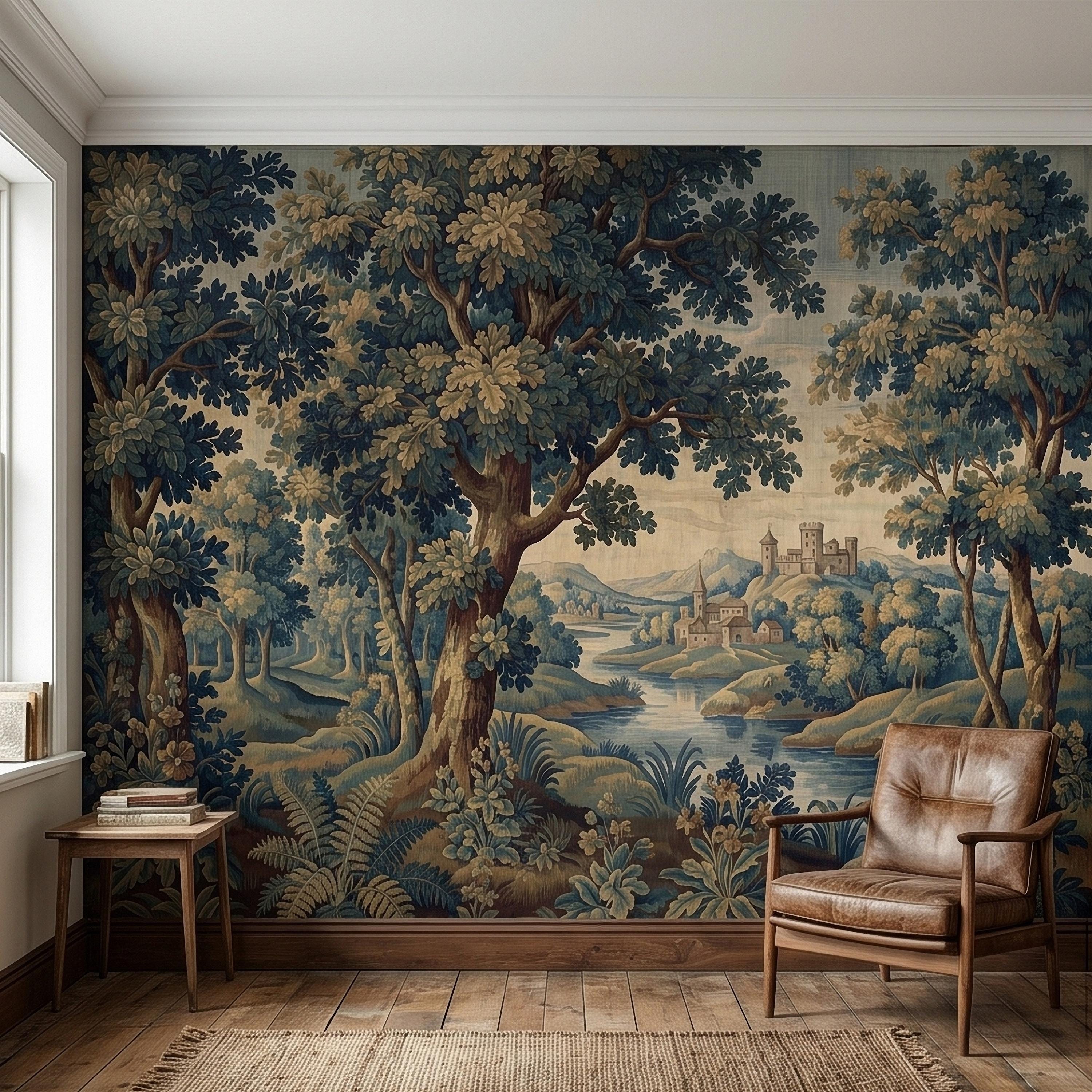 Vintage Forest Verdure Peel and Stick Wall Mural, Antique Tapestry Style Old World Woodland Landscape, Navy Blue Scenic Toile Wallpaper