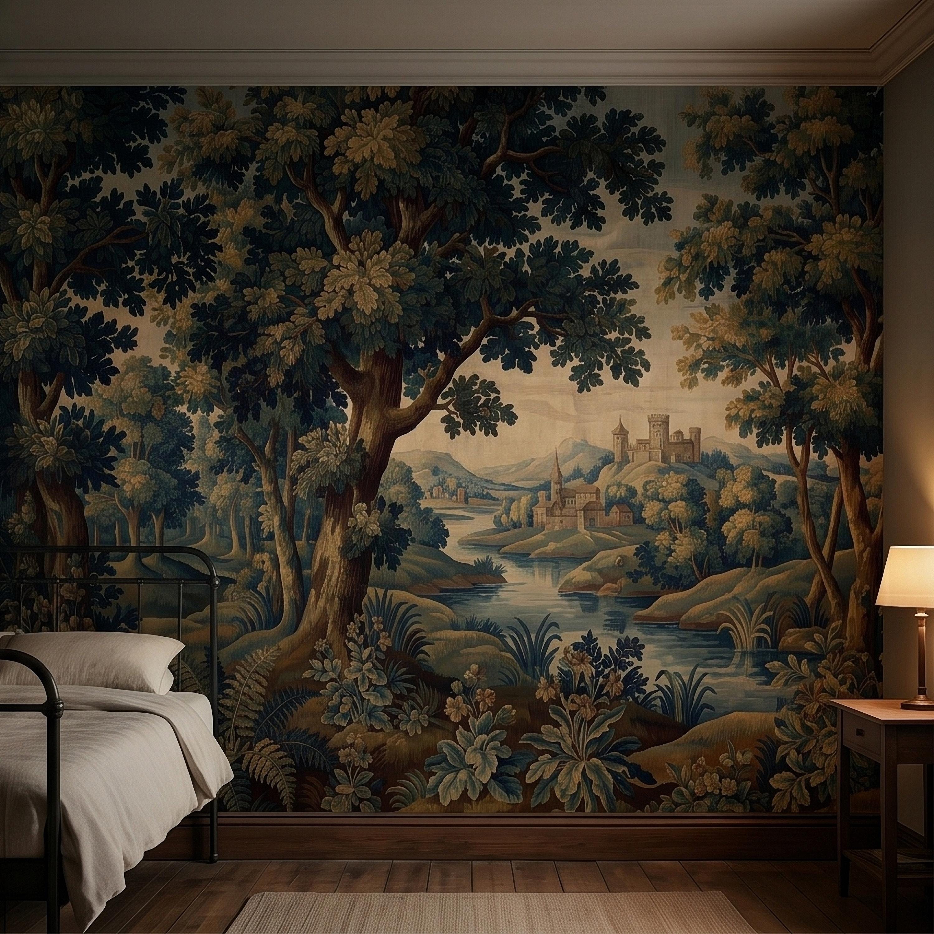 Vintage Forest Verdure Peel and Stick Wall Mural, Antique Tapestry Style Old World Woodland Landscape, Navy Blue Scenic Toile Wallpaper