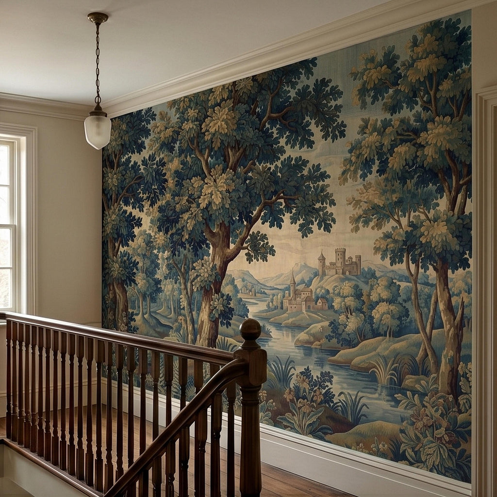 Vintage Forest Verdure Peel and Stick Wall Mural, Antique Tapestry Style Old World Woodland Landscape, Navy Blue Scenic Toile Wallpaper