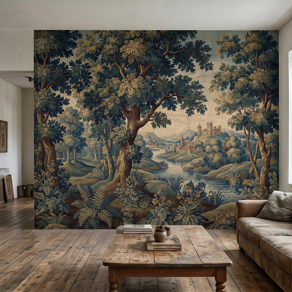 Vintage Forest Verdure Peel and Stick Wall Mural, Antique Tapestry Style Old World Woodland Landscape, Navy Blue Scenic Toile Wallpaper