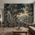 Vintage Forest Verdure Peel and Stick Wall Mural, Antique Tapestry Style Old World Woodland Landscape, Navy Blue Scenic Toile Wallpaper