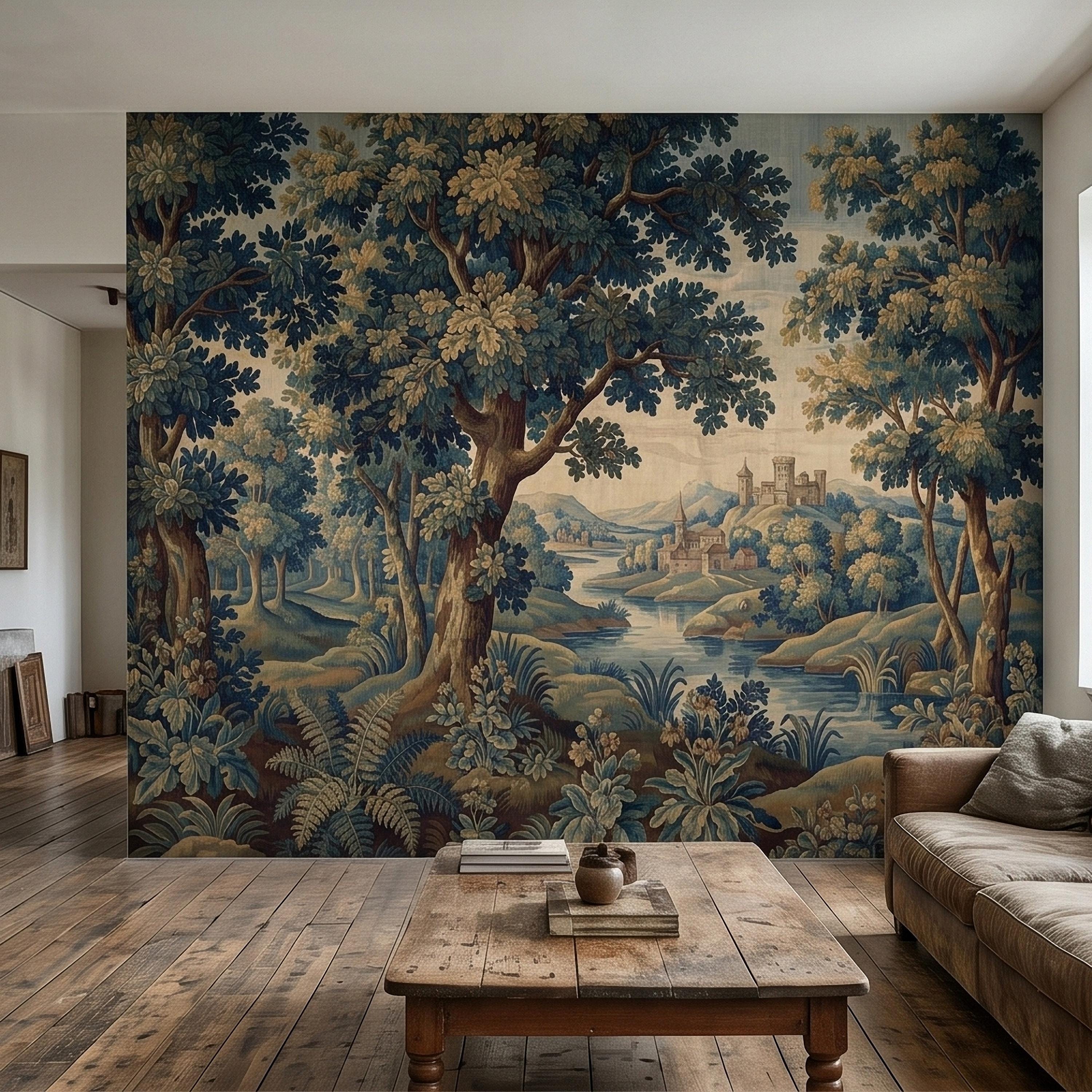 Vintage Forest Verdure Peel and Stick Wall Mural, Antique Tapestry Style Old World Woodland Landscape, Navy Blue Scenic Toile Wallpaper