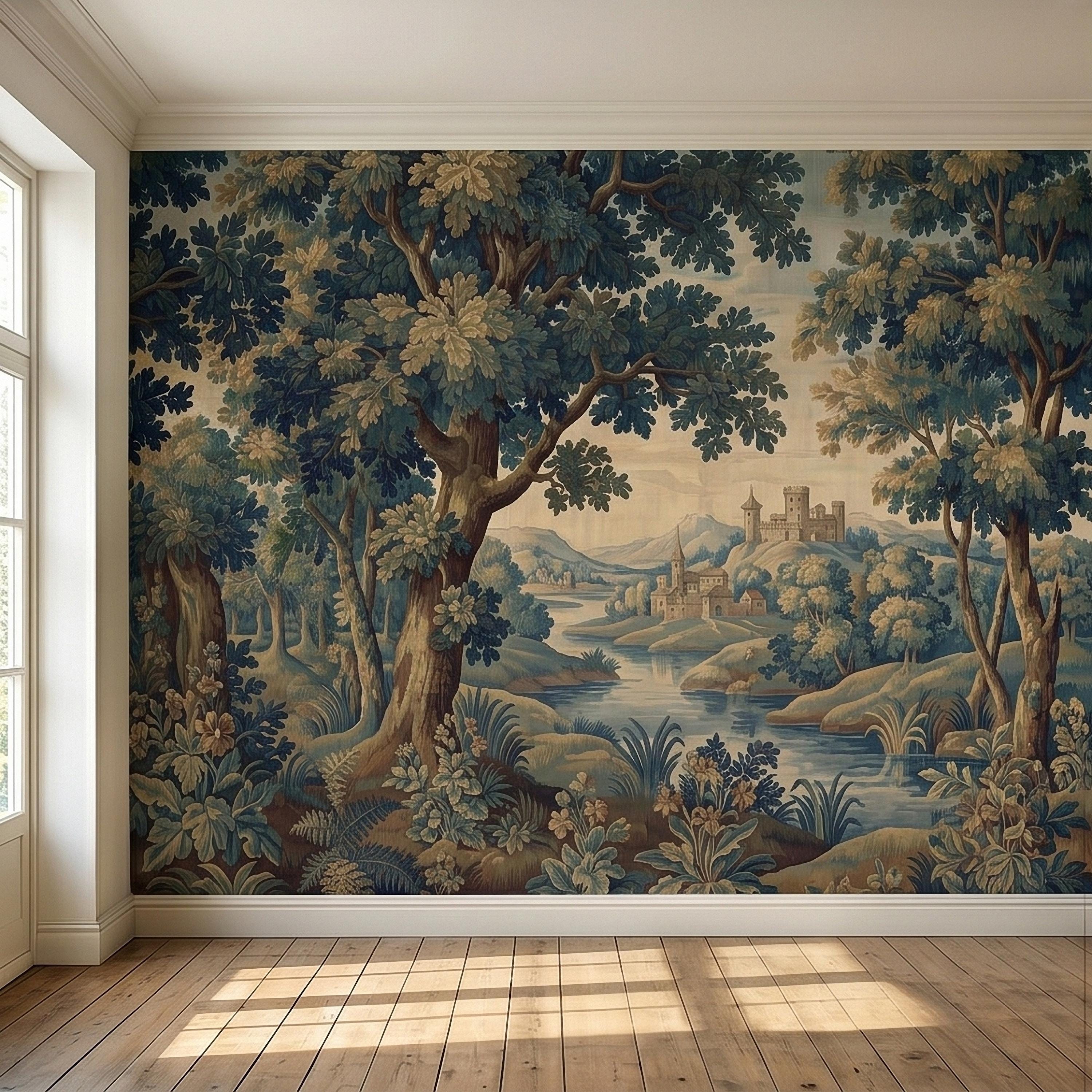 Vintage Forest Verdure Peel and Stick Wall Mural, Antique Tapestry Style Old World Woodland Landscape, Navy Blue Scenic Toile Wallpaper
