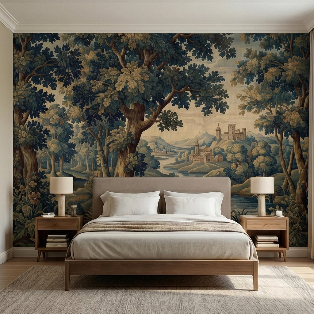Vintage Forest Verdure Peel and Stick Wall Mural, Antique Tapestry Style Old World Woodland Landscape, Navy Blue Scenic Toile Wallpaper