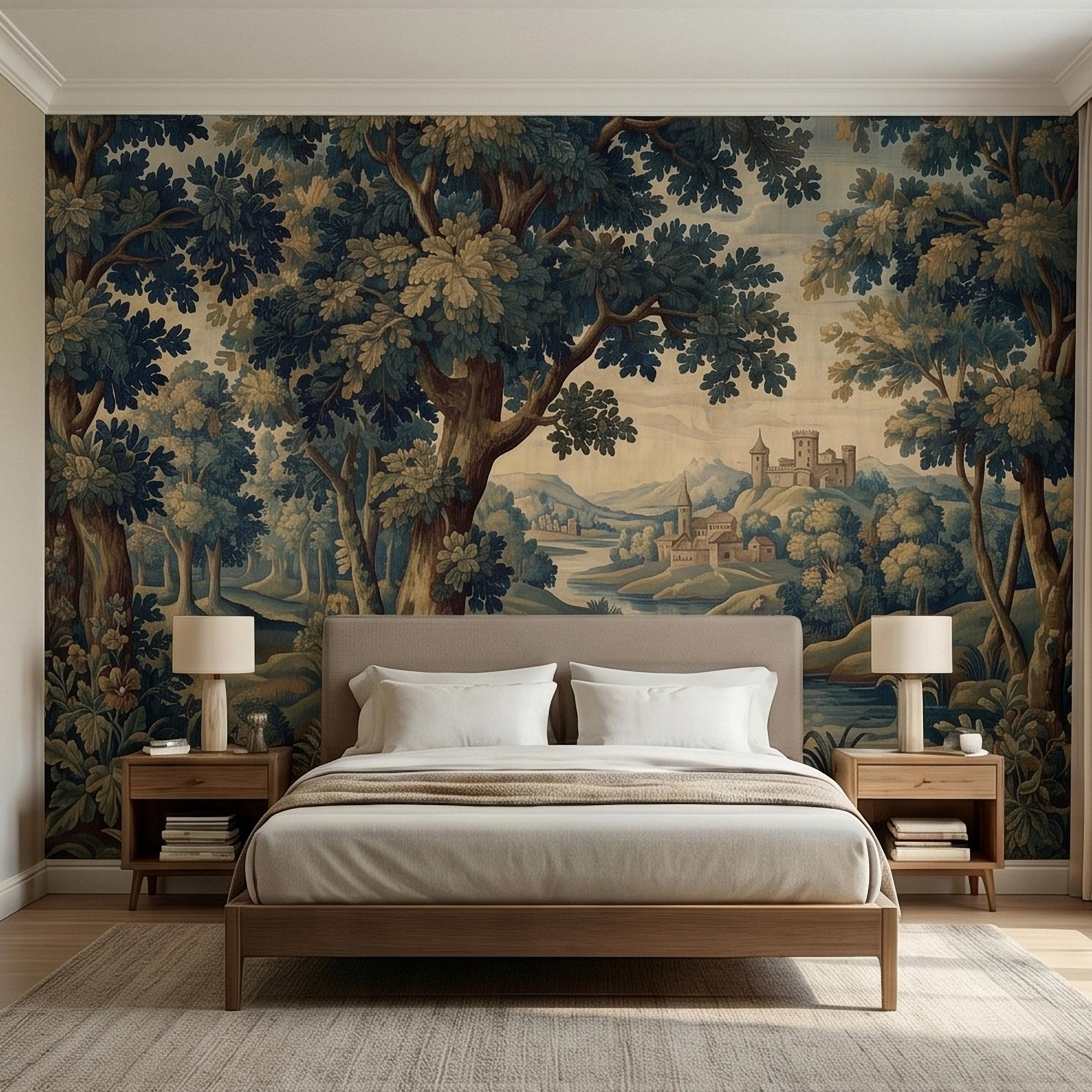 Vintage Forest Verdure Peel and Stick Wall Mural, Antique Tapestry Style Old World Woodland Landscape, Navy Blue Scenic Toile Wallpaper