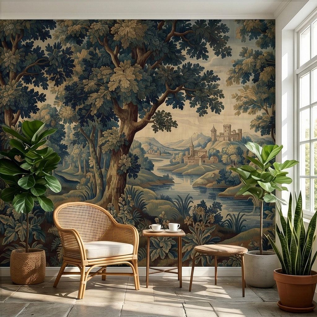 Vintage Forest Verdure Peel and Stick Wall Mural, Antique Tapestry Style Old World Woodland Landscape, Navy Blue Scenic Toile Wallpaper