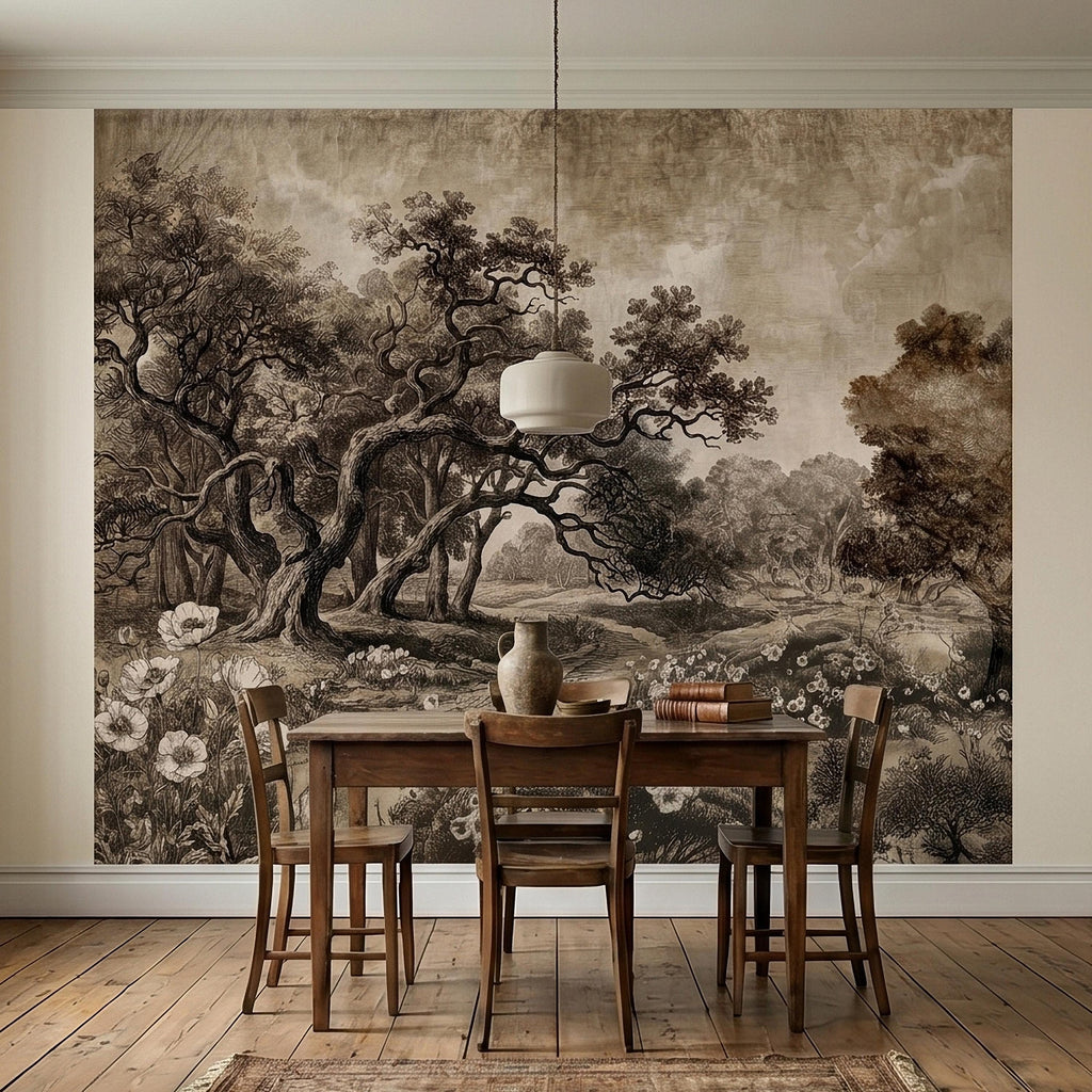 Antique Sepia Woodland Peel and Stick Wall Mural, Vintage Old World Engraved Oak Grove Landscape Etching with Wildflowers Toile Wallpaper