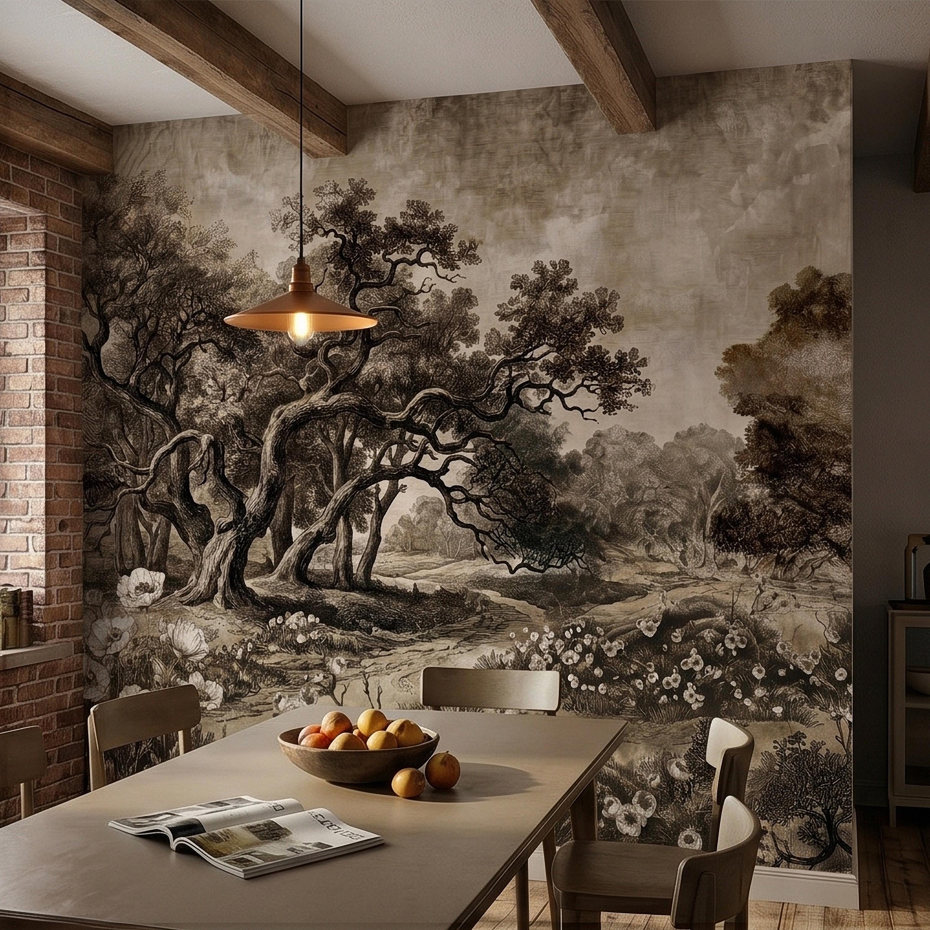 Antique Sepia Woodland Peel and Stick Wall Mural, Vintage Old World Engraved Oak Grove Landscape Etching with Wildflowers Toile Wallpaper