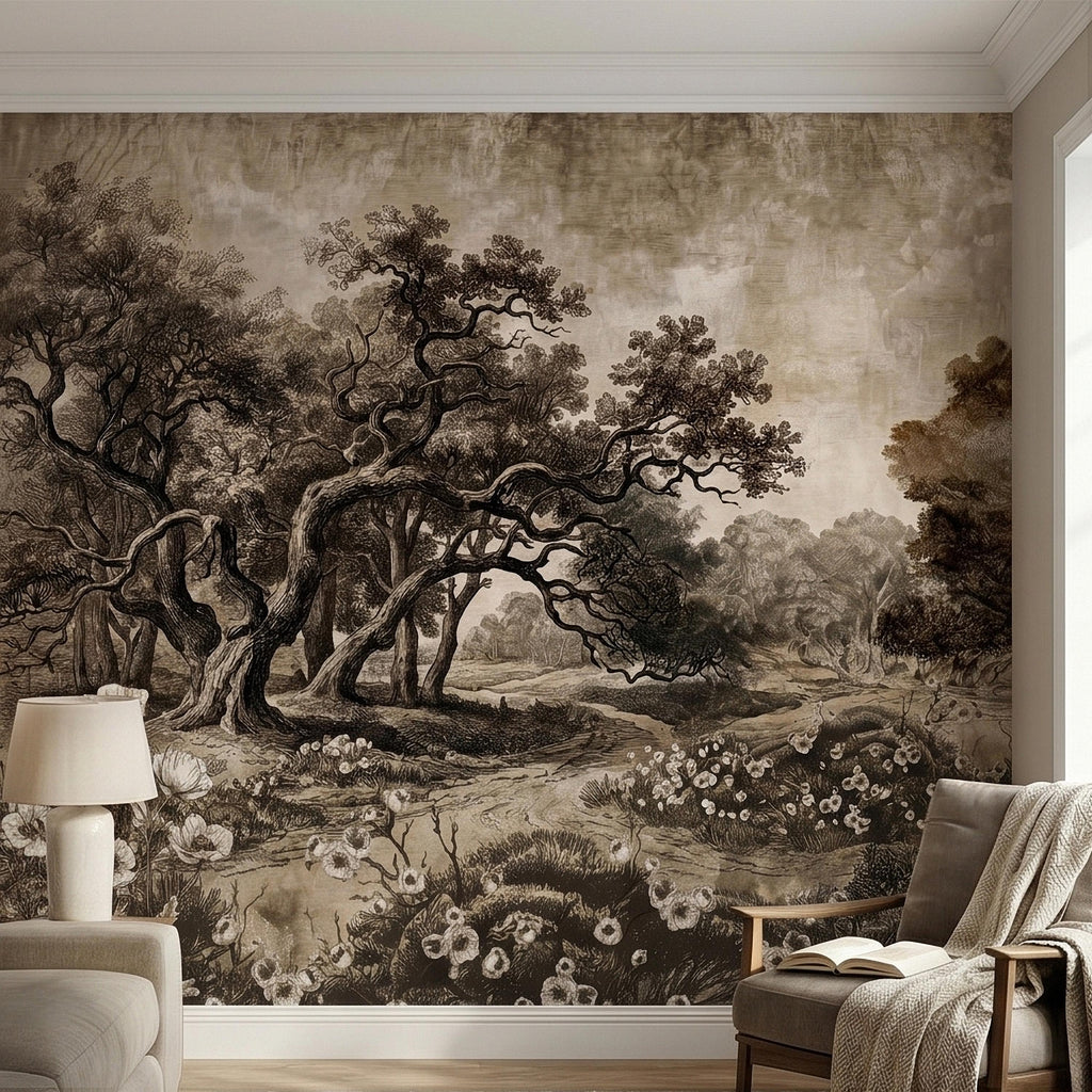 Antique Sepia Woodland Peel and Stick Wall Mural, Vintage Old World Engraved Oak Grove Landscape Etching with Wildflowers Toile Wallpaper