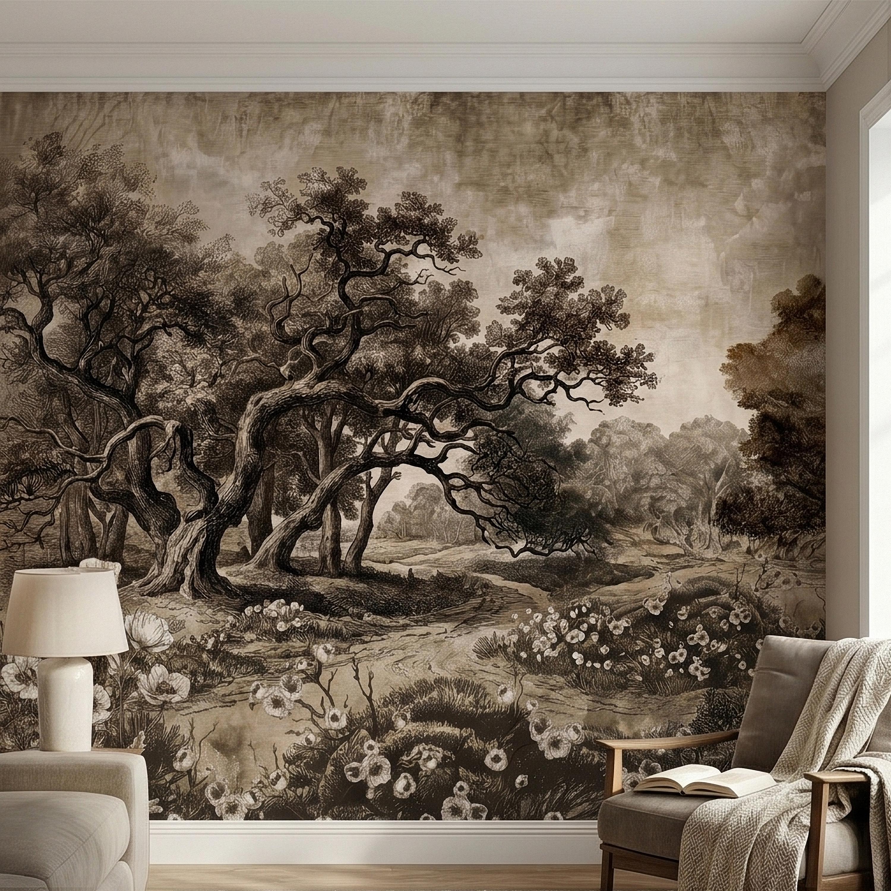 Antique Sepia Woodland Peel and Stick Wall Mural, Vintage Old World Engraved Oak Grove Landscape Etching with Wildflowers Toile Wallpaper