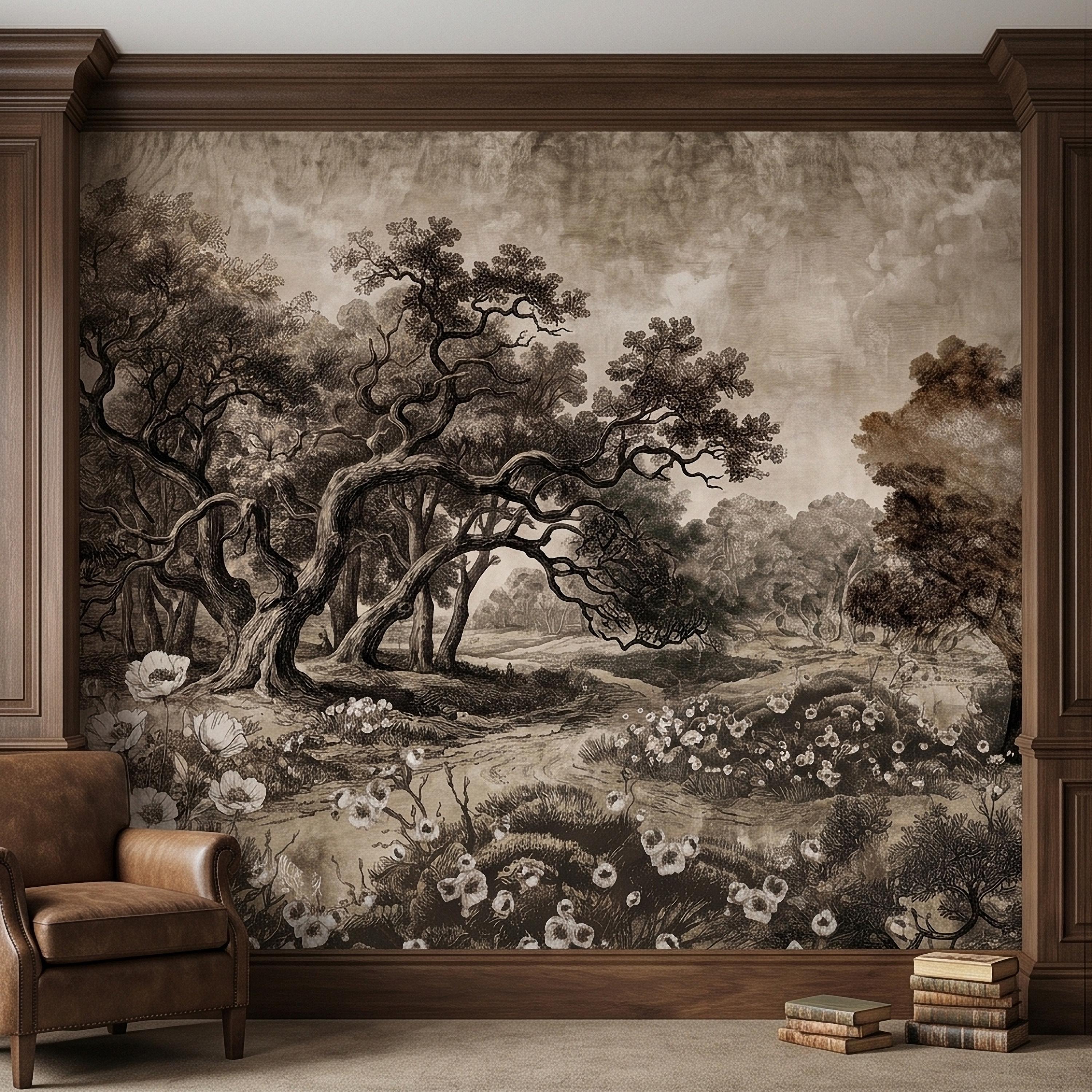 Antique Sepia Woodland Peel and Stick Wall Mural, Vintage Old World Engraved Oak Grove Landscape Etching with Wildflowers Toile Wallpaper