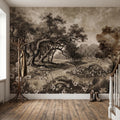Antique Sepia Woodland Peel and Stick Wall Mural, Vintage Old World Engraved Oak Grove Landscape Etching with Wildflowers Toile Wallpaper