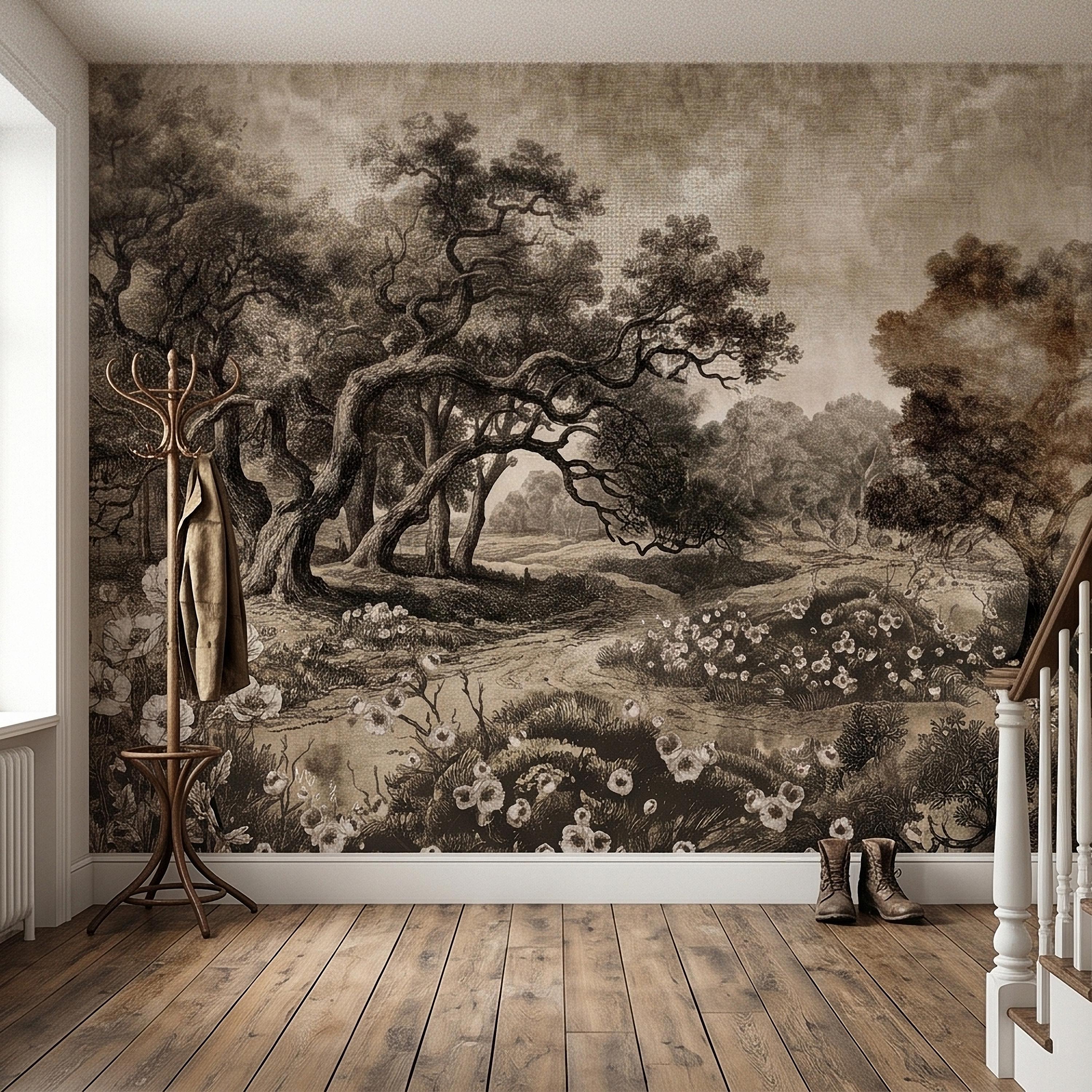 Antique Sepia Woodland Peel and Stick Wall Mural, Vintage Old World Engraved Oak Grove Landscape Etching with Wildflowers Toile Wallpaper