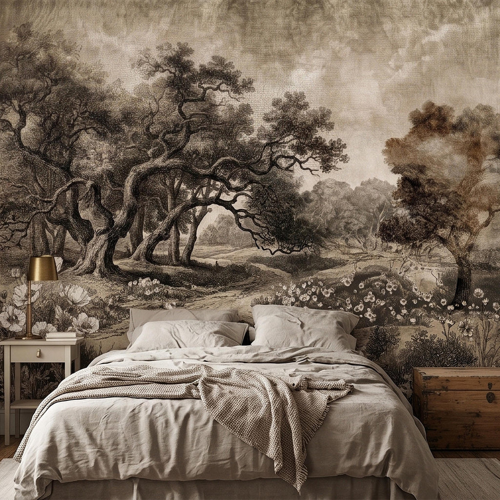 Antique Sepia Woodland Peel and Stick Wall Mural, Vintage Old World Engraved Oak Grove Landscape Etching with Wildflowers Toile Wallpaper