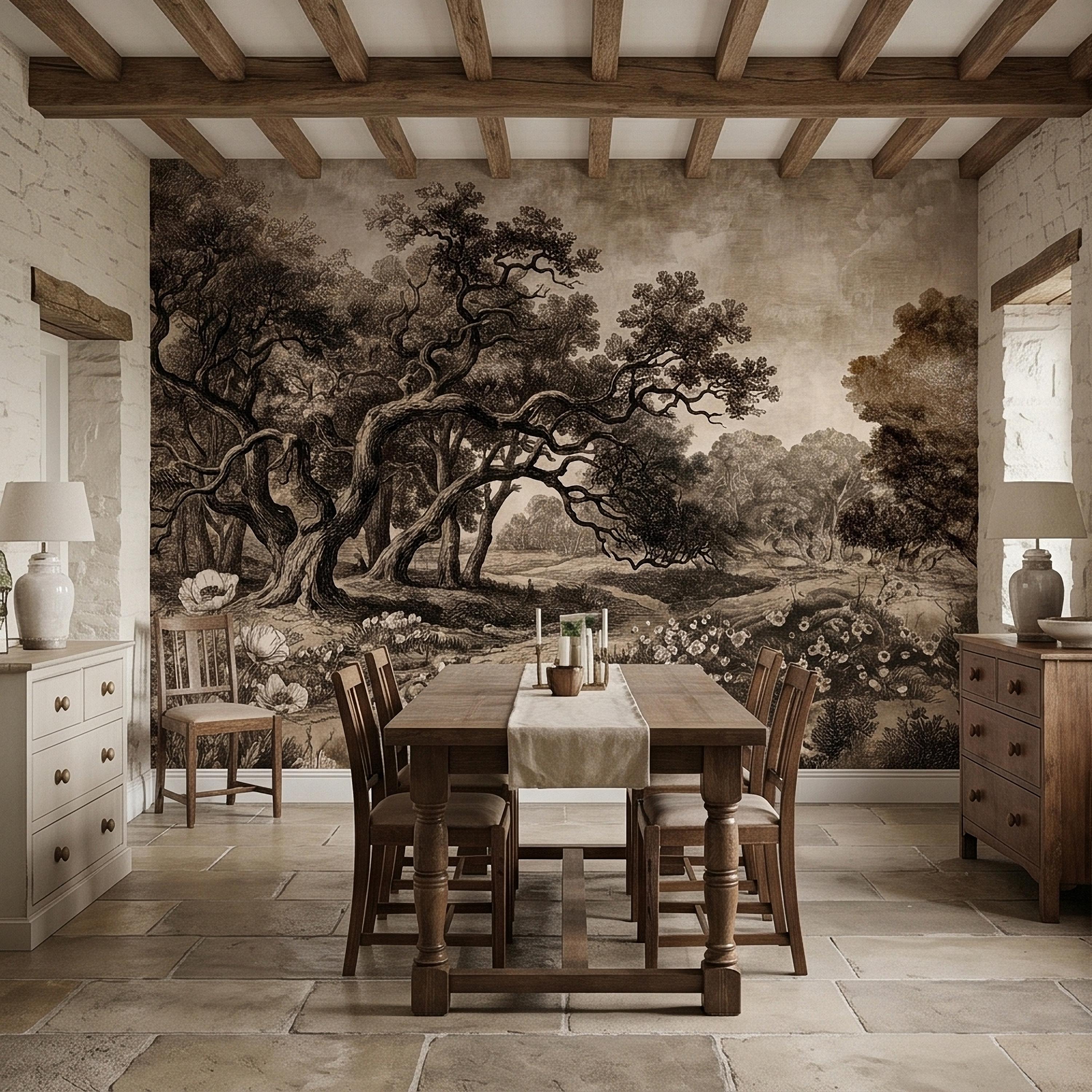 Antique Sepia Woodland Peel and Stick Wall Mural, Vintage Old World Engraved Oak Grove Landscape Etching with Wildflowers Toile Wallpaper