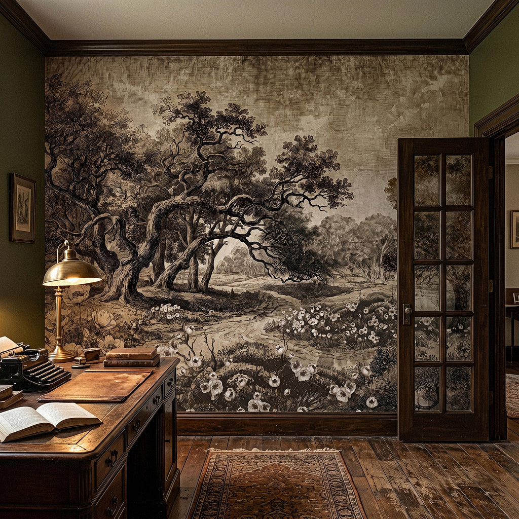 Antique Sepia Woodland Peel and Stick Wall Mural, Vintage Old World Engraved Oak Grove Landscape Etching with Wildflowers Toile Wallpaper
