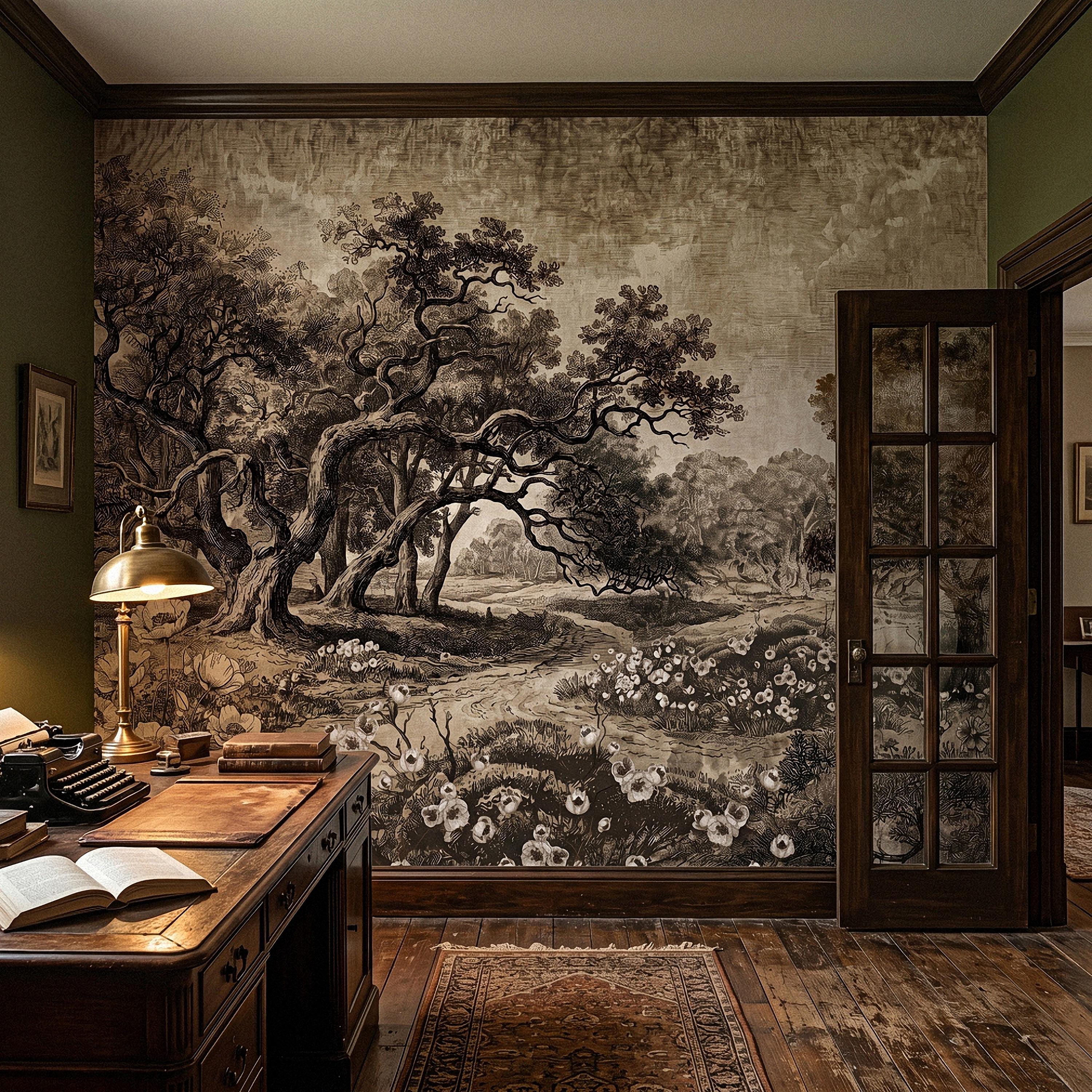 Antique Sepia Woodland Peel and Stick Wall Mural, Vintage Old World Engraved Oak Grove Landscape Etching with Wildflowers Toile Wallpaper