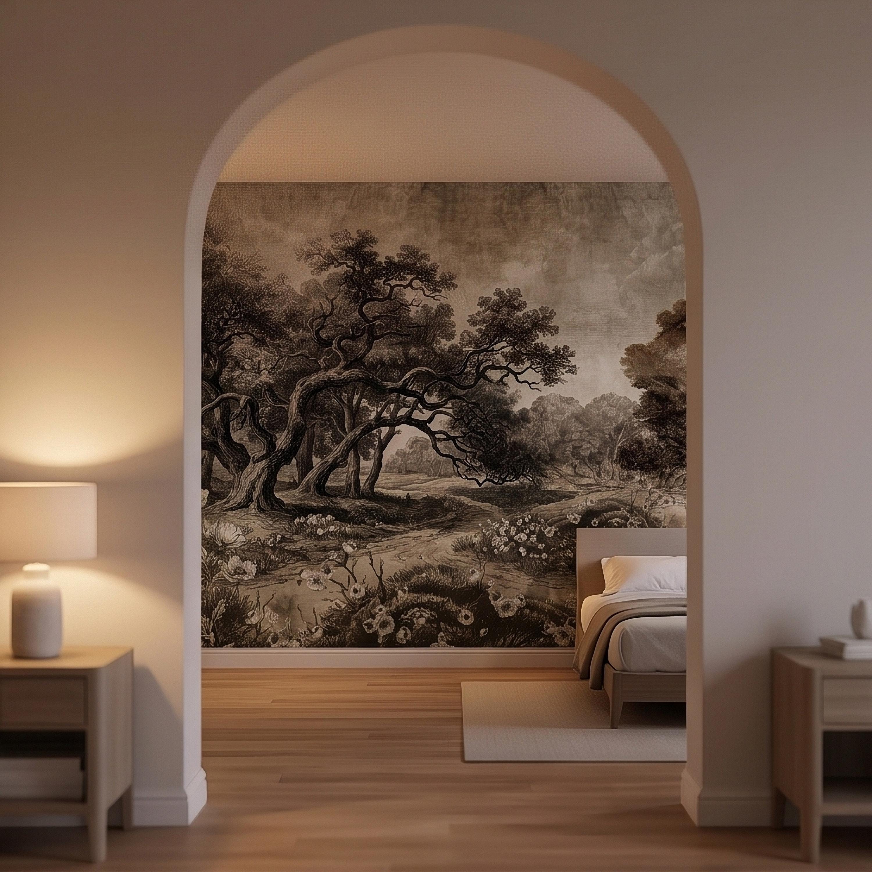 Antique Sepia Woodland Peel and Stick Wall Mural, Vintage Old World Engraved Oak Grove Landscape Etching with Wildflowers Toile Wallpaper