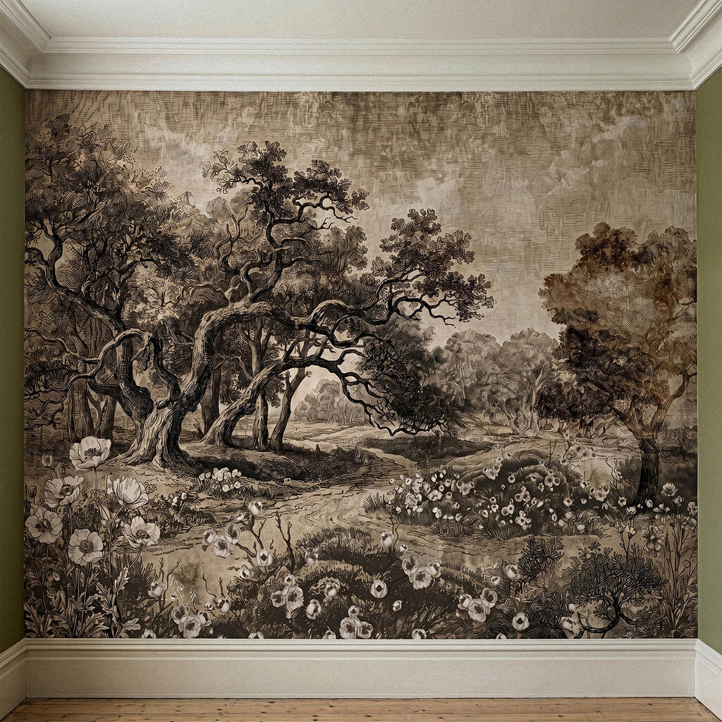 Antique Sepia Woodland Peel and Stick Wall Mural, Vintage Old World Engraved Oak Grove Landscape Etching with Wildflowers Toile Wallpaper