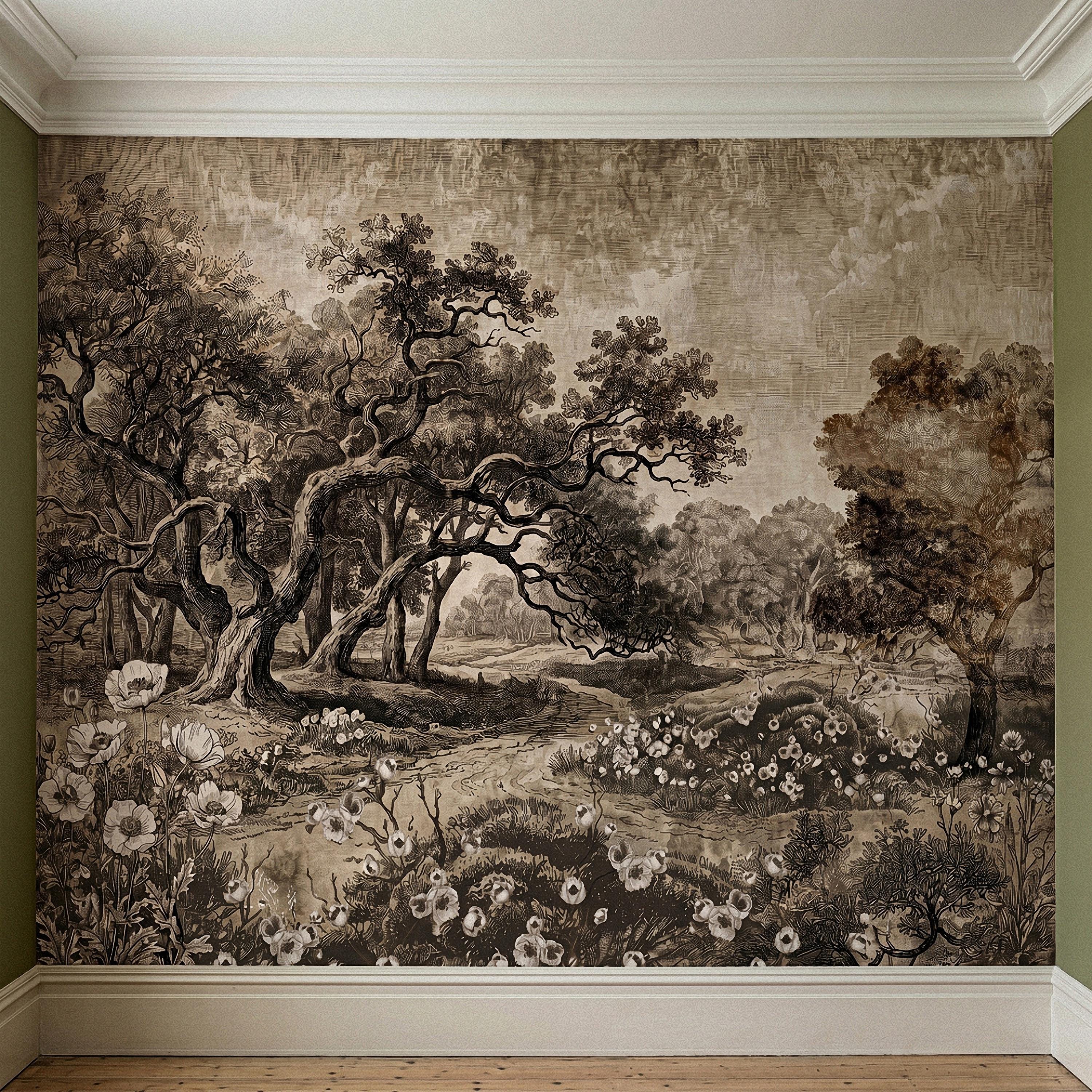 Antique Sepia Woodland Peel and Stick Wall Mural, Vintage Old World Engraved Oak Grove Landscape Etching with Wildflowers Toile Wallpaper