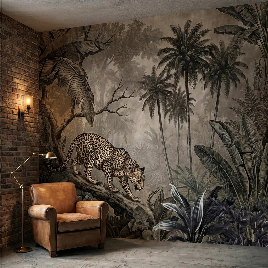 Leopard Jungle Peel and Stick Wall Mural, Vintage Neutral Sepia Tropical Palm Banana Leaves Safari Scene, Engraved Botanical Toile Wallpaper