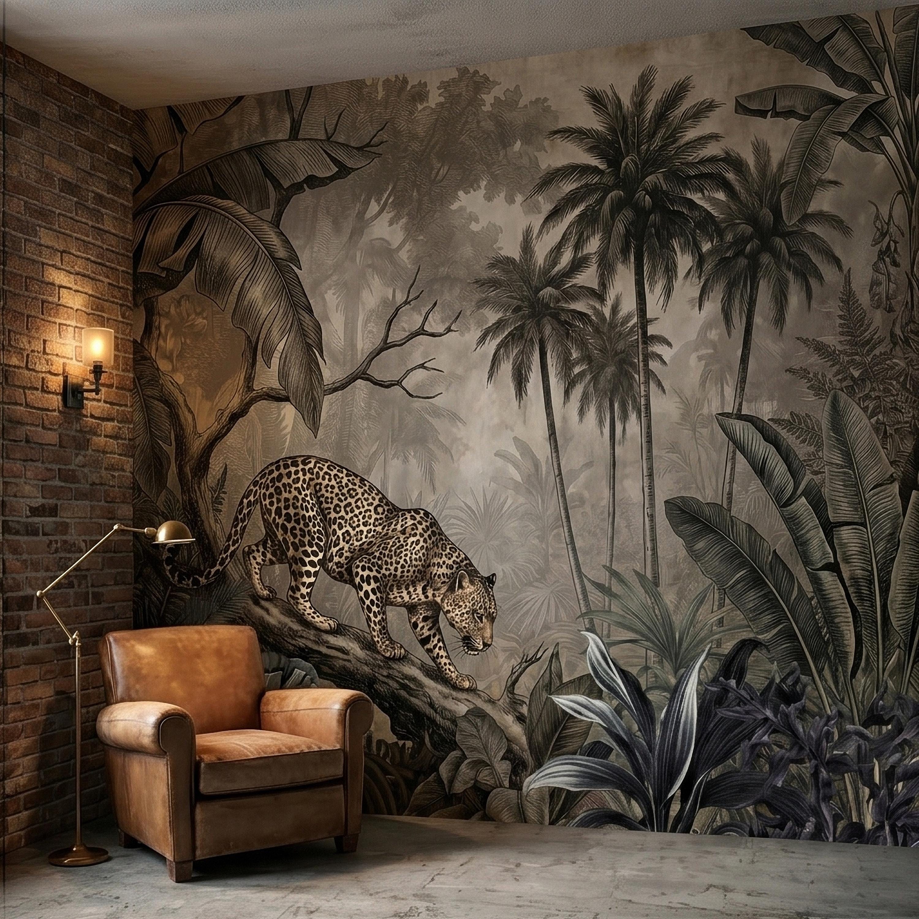 Leopard Jungle Peel and Stick Wall Mural, Vintage Neutral Sepia Tropical Palm Banana Leaves Safari Scene, Engraved Botanical Toile Wallpaper