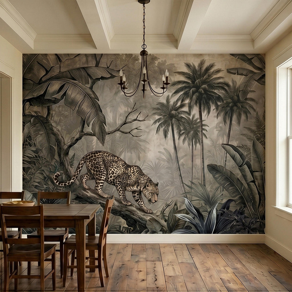 Leopard Jungle Peel and Stick Wall Mural, Vintage Neutral Sepia Tropical Palm Banana Leaves Safari Scene, Engraved Botanical Toile Wallpaper