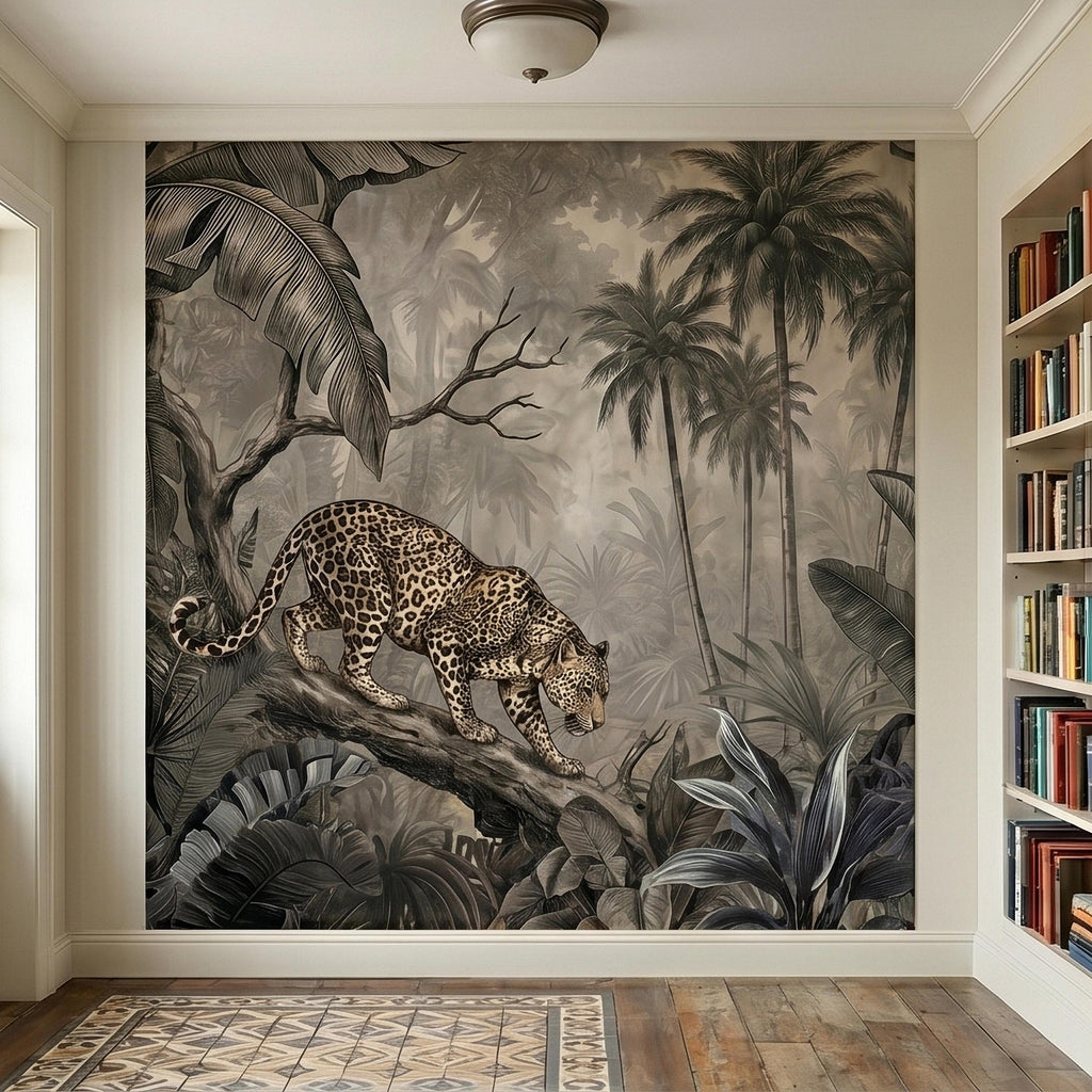 Leopard Jungle Peel and Stick Wall Mural, Vintage Neutral Sepia Tropical Palm Banana Leaves Safari Scene, Engraved Botanical Toile Wallpaper