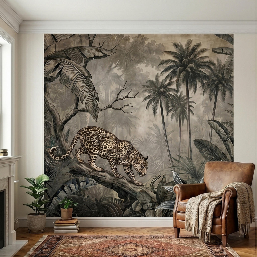 Leopard Jungle Peel and Stick Wall Mural, Vintage Neutral Sepia Tropical Palm Banana Leaves Safari Scene, Engraved Botanical Toile Wallpaper