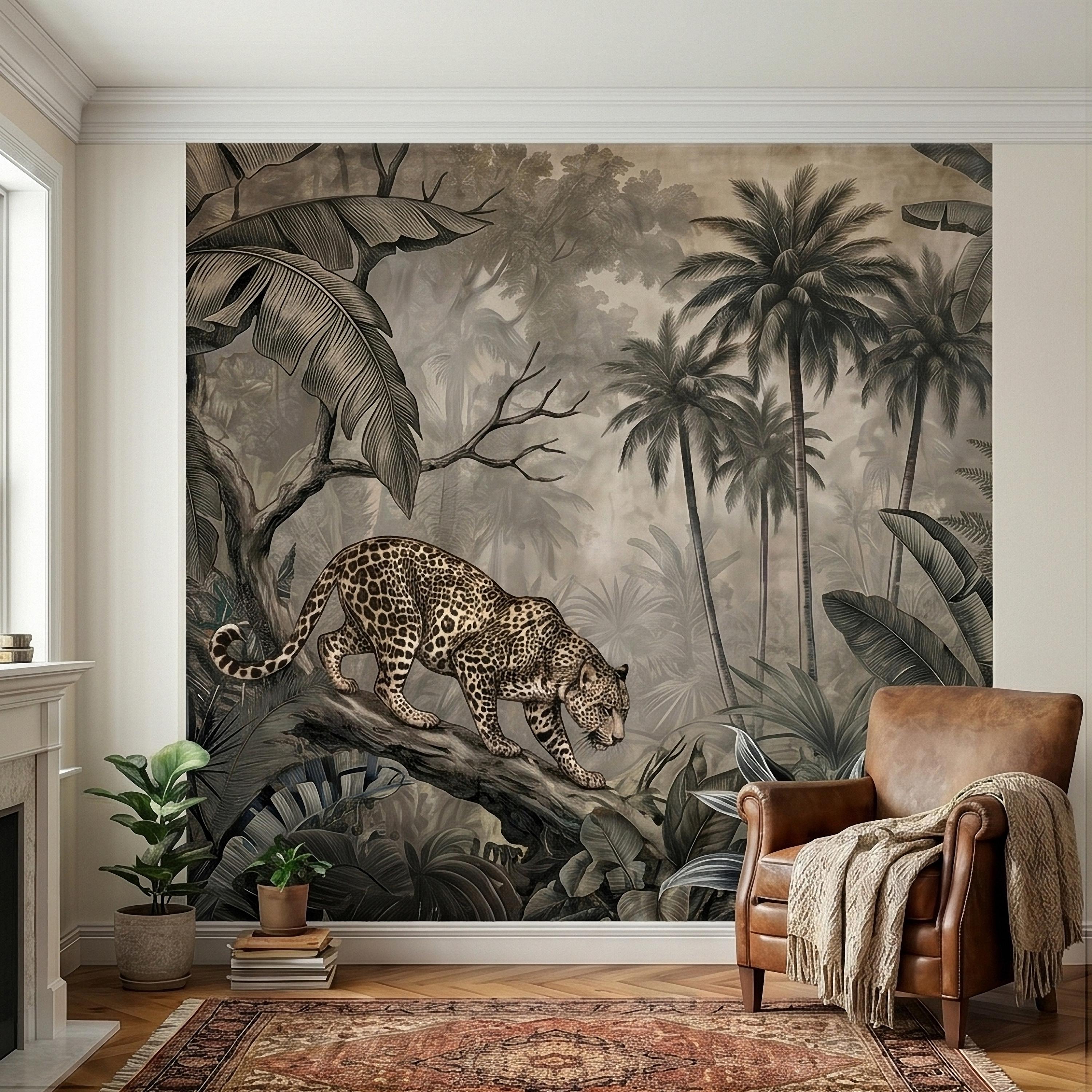 Leopard Jungle Peel and Stick Wall Mural, Vintage Neutral Sepia Tropical Palm Banana Leaves Safari Scene, Engraved Botanical Toile Wallpaper